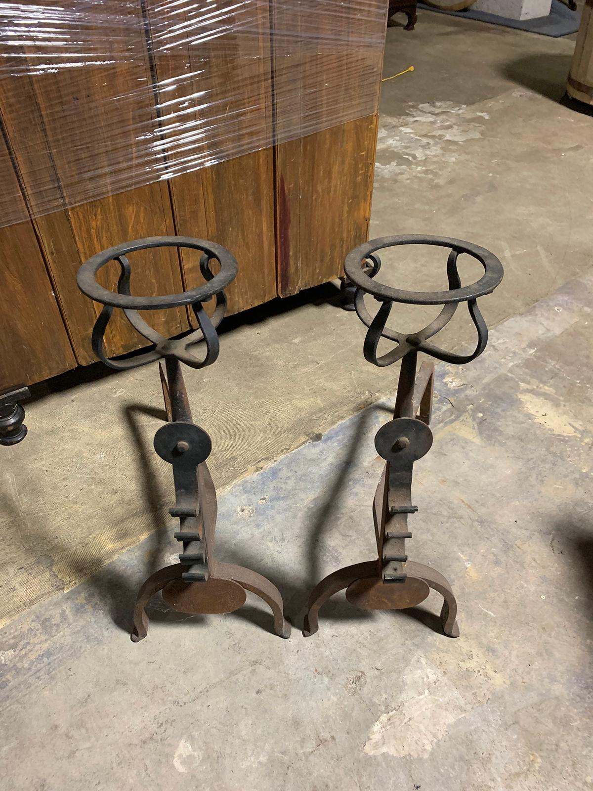 Pair of Iron Andirons with Port Warmers and Roll Bar Supports, circa 1900 For Sale 5