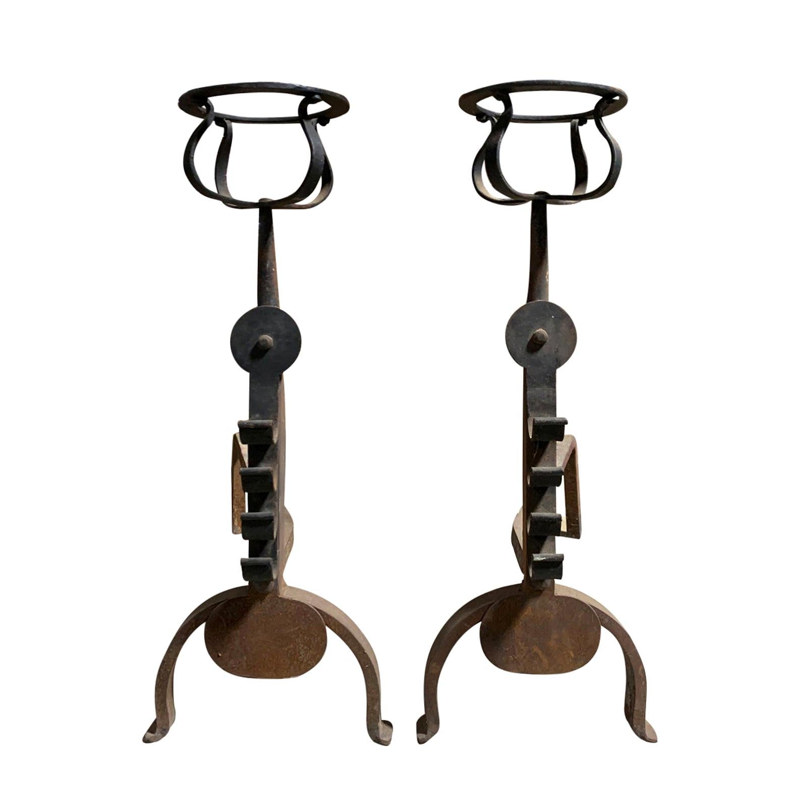 Pair of Iron Andirons with Port Warmers and Roll Bar Supports, circa 1900 For Sale