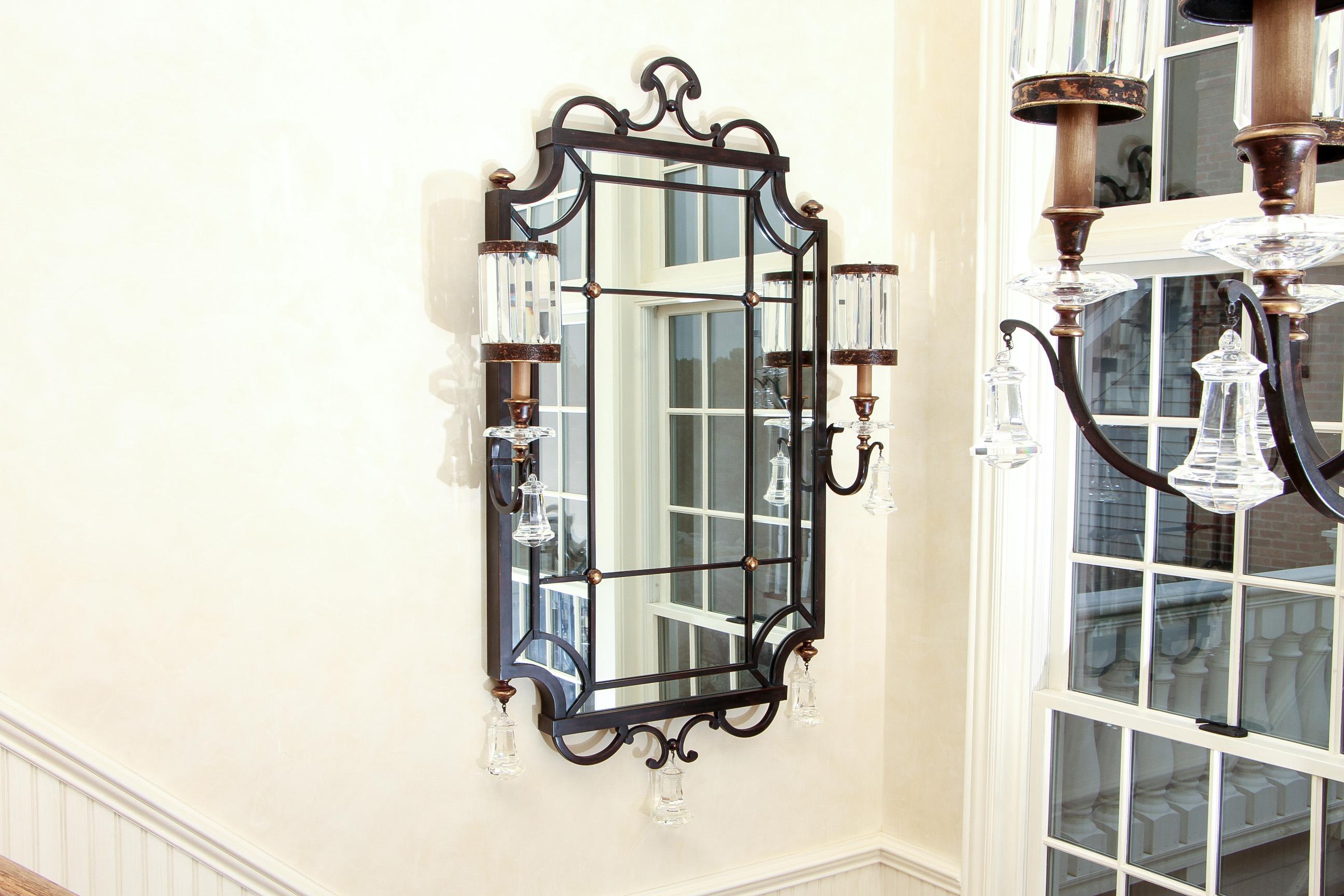 Hollywood Regency Pair of Iron, Brass and Crystal Sconce Mirrors