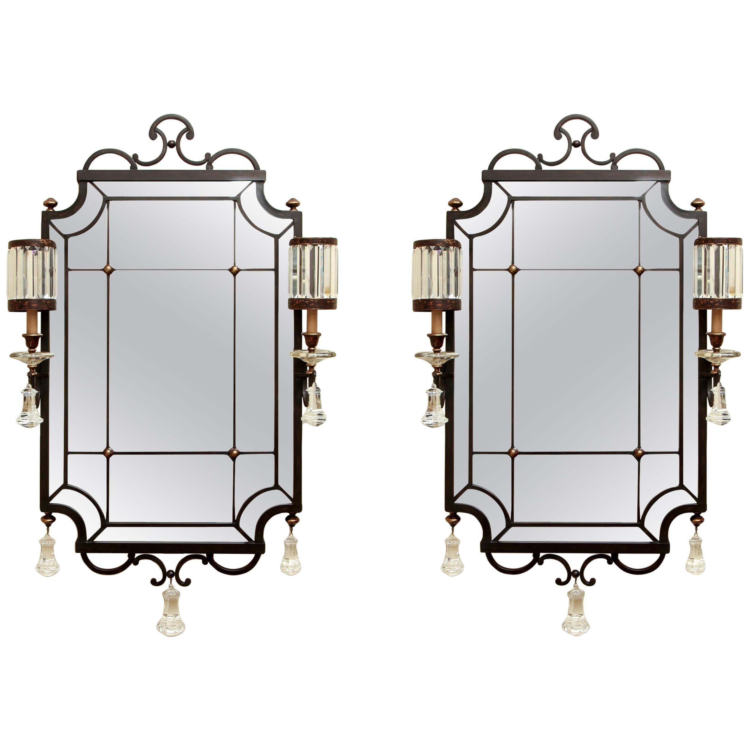 Pair of Iron, Brass and Crystal Sconce Mirrors