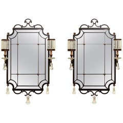Pair of Iron, Brass and Crystal Sconce Mirrors