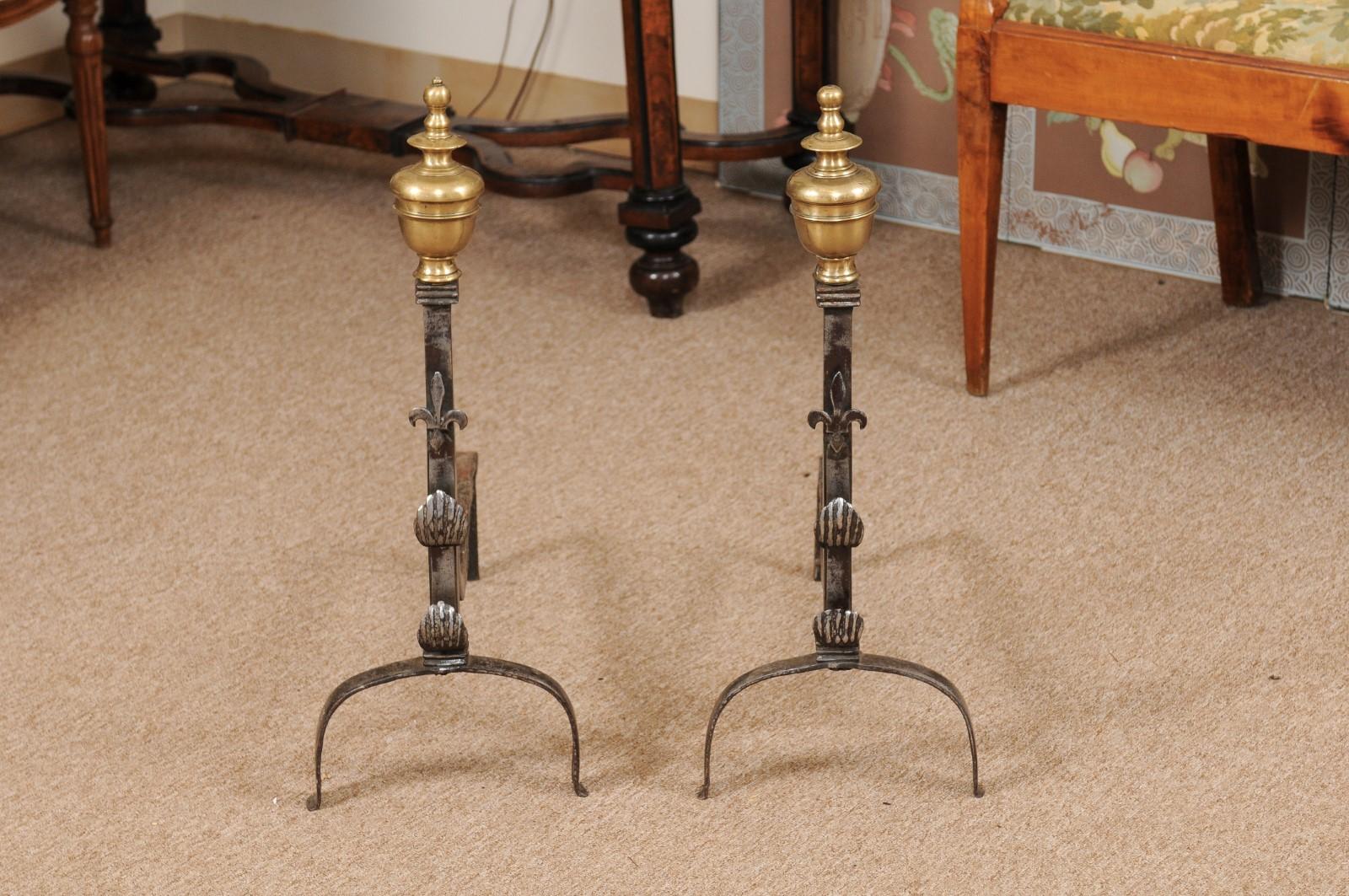Pair of Iron & Brass Andirons with Fleurs de Lis, France, 18th Century In Good Condition In Atlanta, GA
