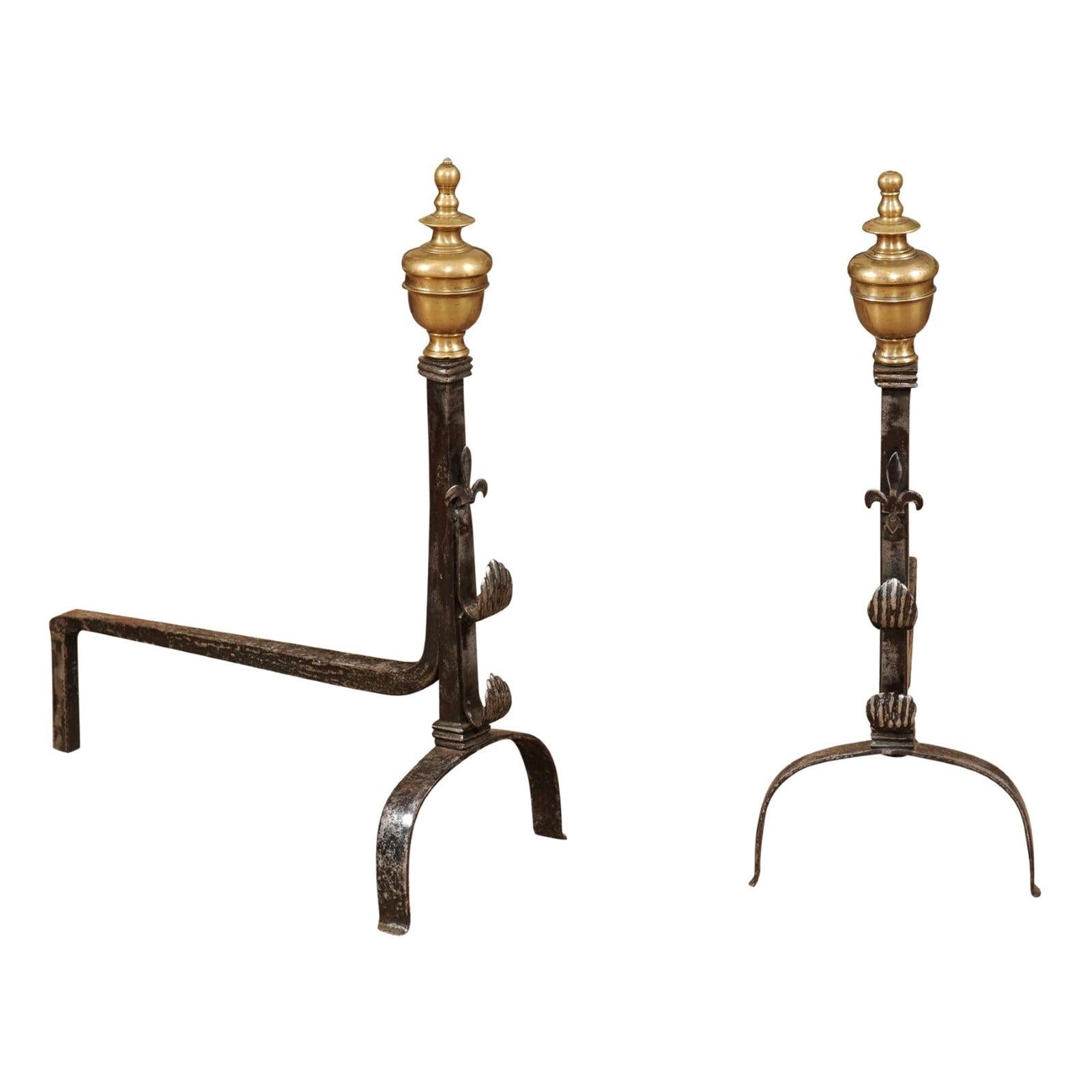 Pair of Iron & Brass Andirons with Fleurs de Lis, France, 18th Century