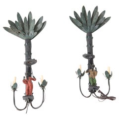 Pair of Iron Chinoiserie Figural and Palm Sconces