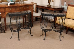 Pair of Iron Console Tables w/ Cabriole Legs, Scroll Detail, & Black Marble Tops