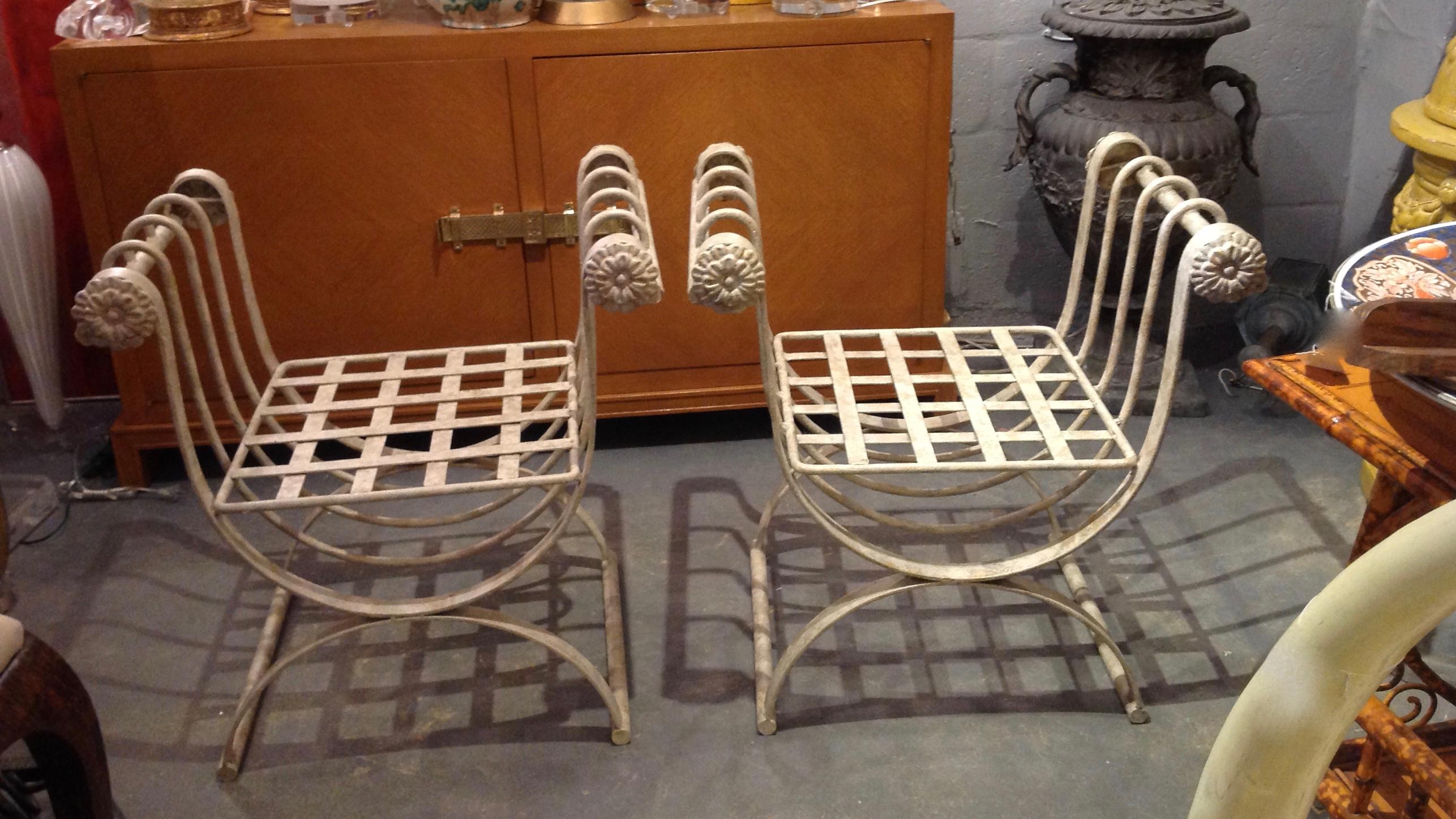 Neoclassical Pair of Iron Curule Benches