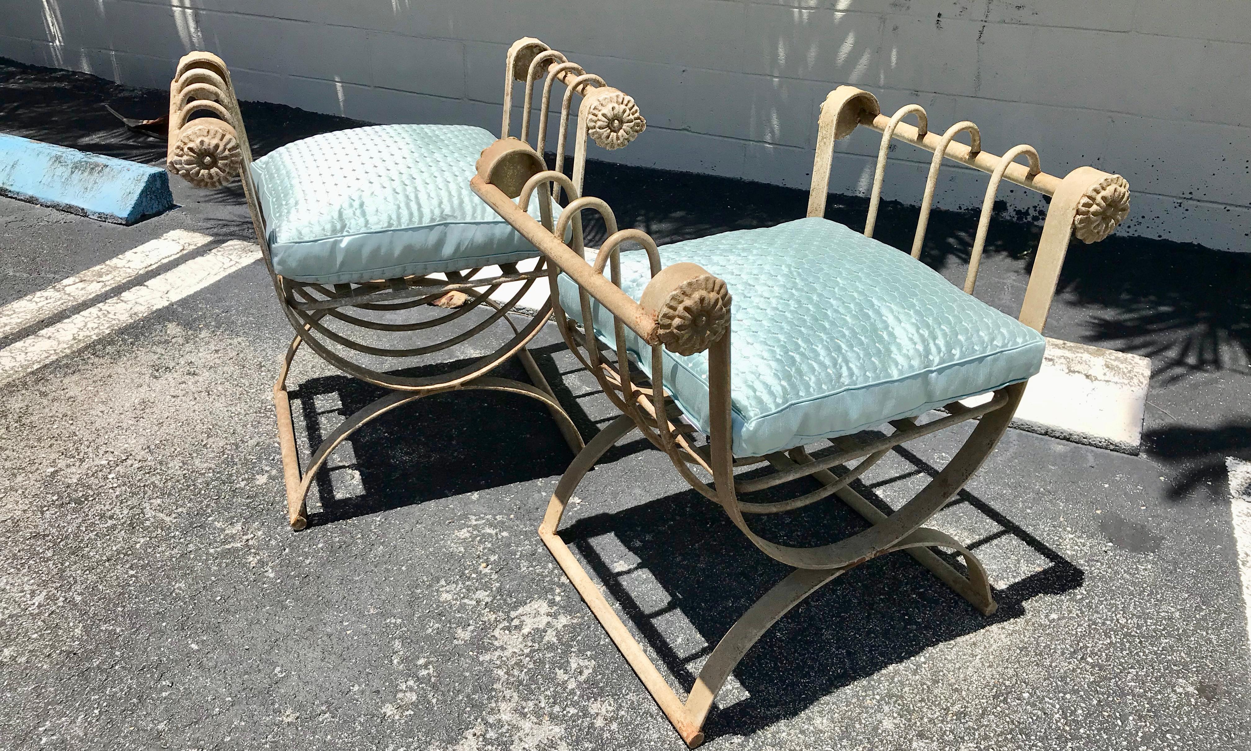 Neoclassical Pair of Iron Curule Benches