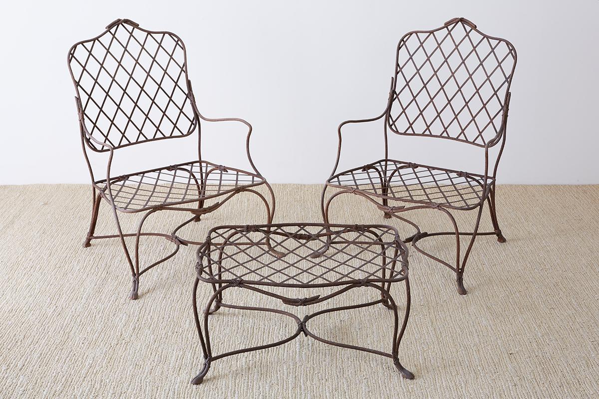Pair of Iron Faux Bois Garden Lounge Chairs with Ottoman 6