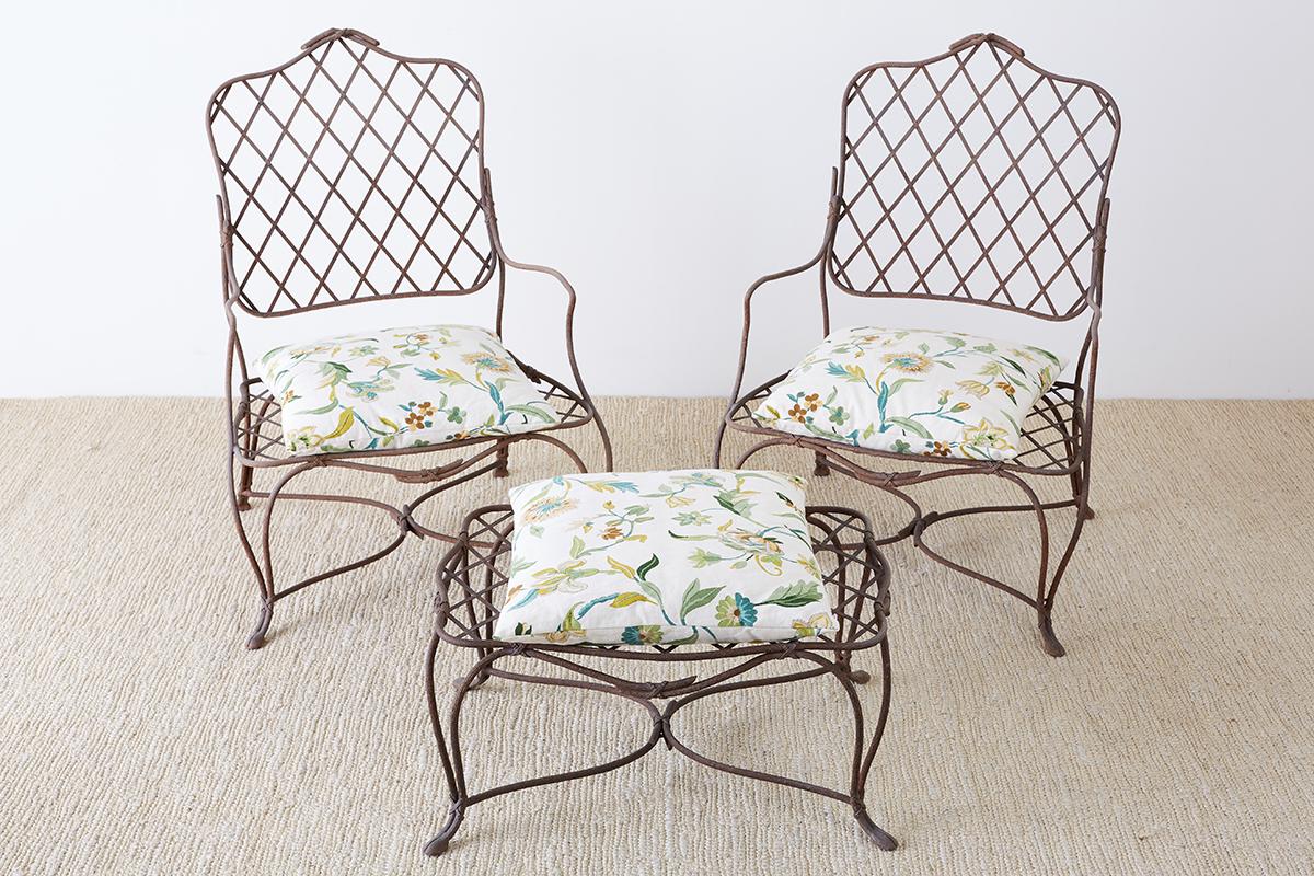Italian Pair of Iron Faux Bois Garden Lounge Chairs with Ottoman
