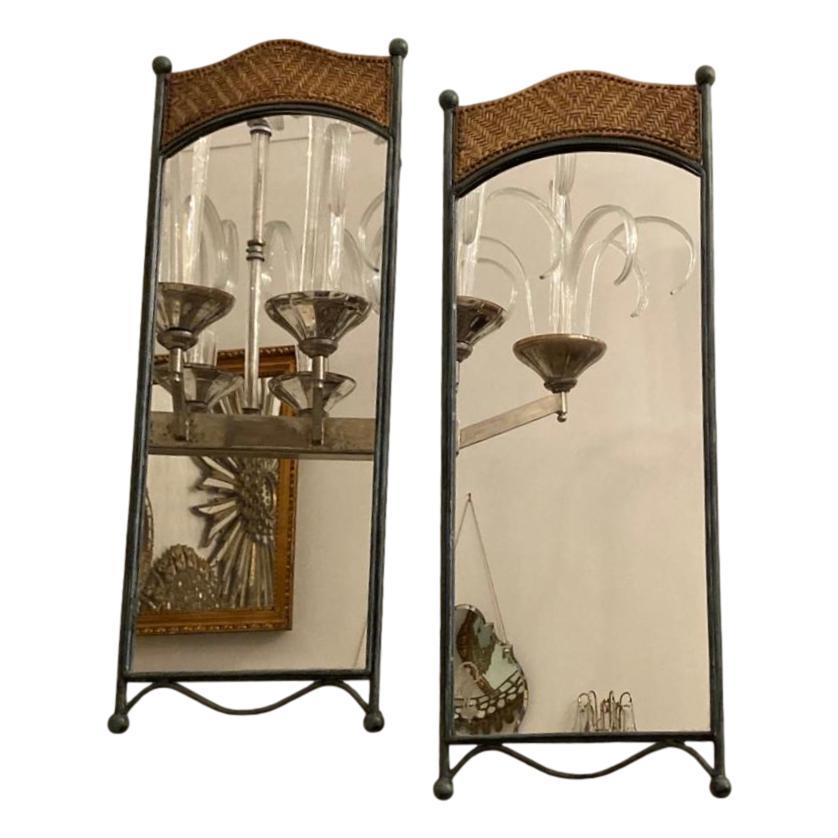 A pair of circa 1950's Italian wrought iron frame mirrors with verdigris painted finish. Sold as pair.

Measurements:
Height: 33.5