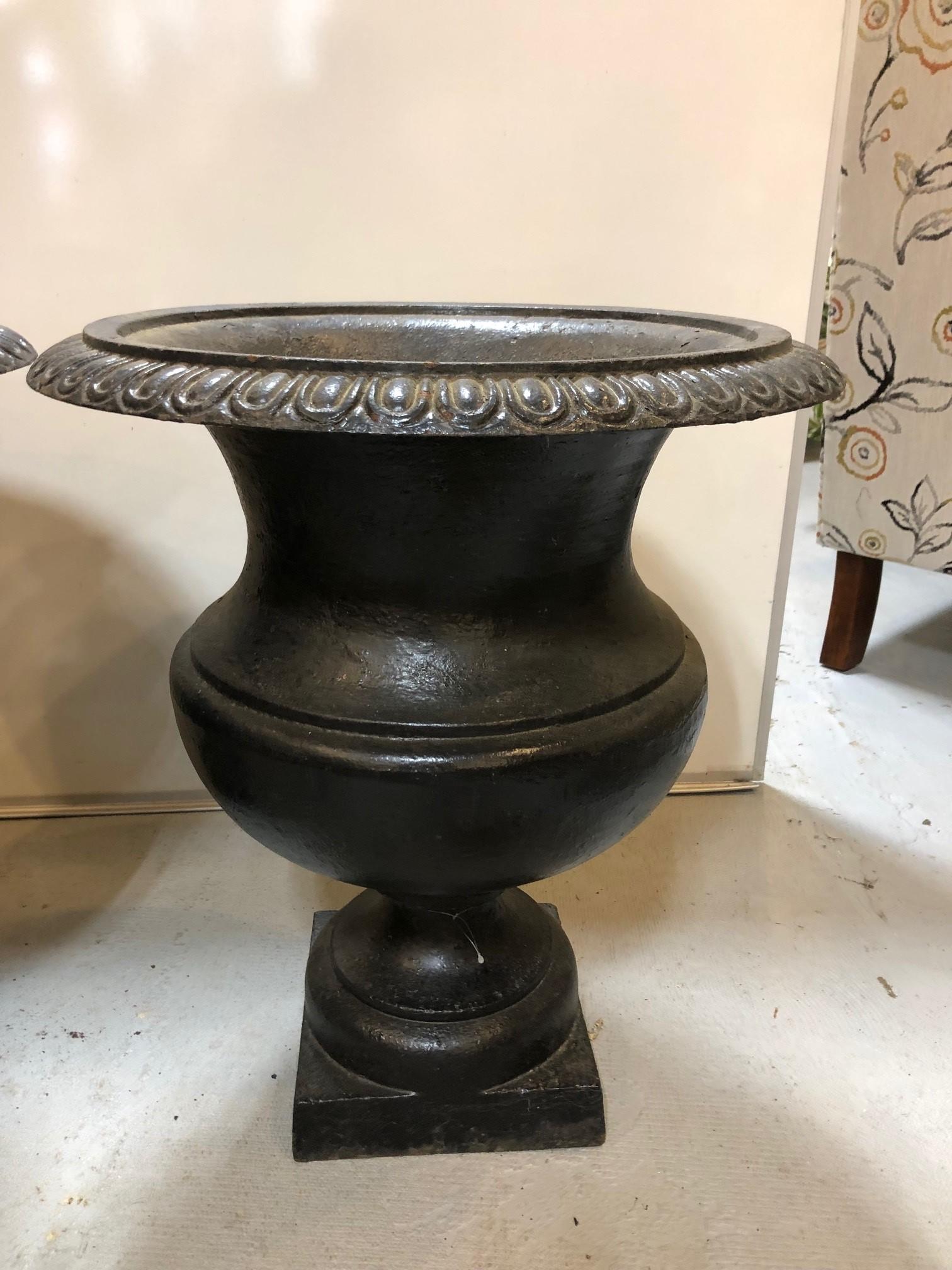 Neoclassical Pair of Iron Garden Urns with Black Finish