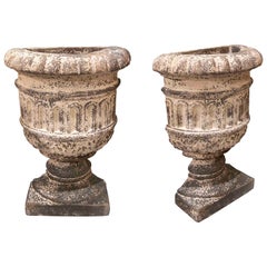Pair of Iron Garden Urns with Cream and Black Aged Patina