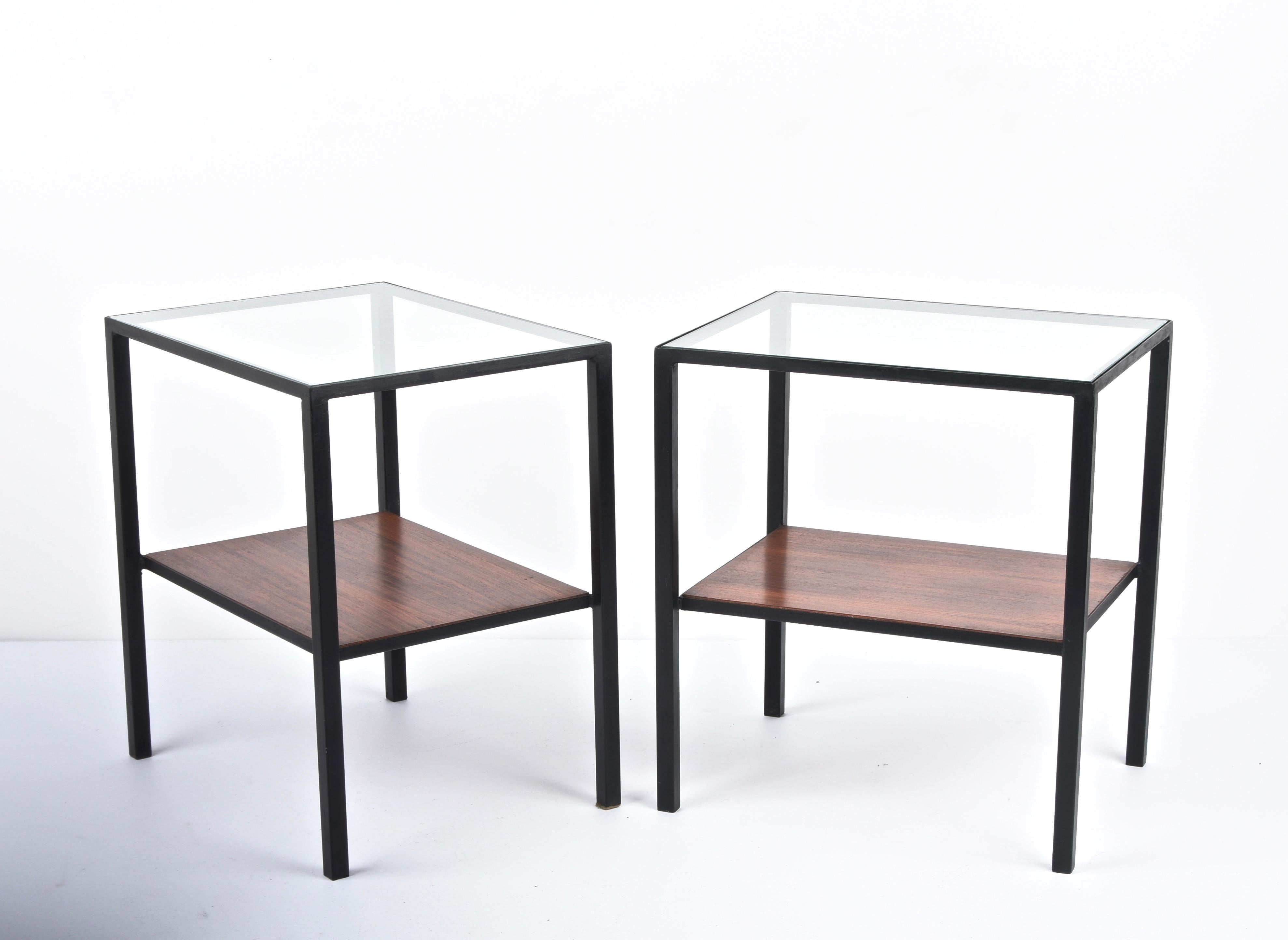 Pair of Iron, Glass and Wood Italian Coffee Table with Two Shelves, 1960s For Sale 5