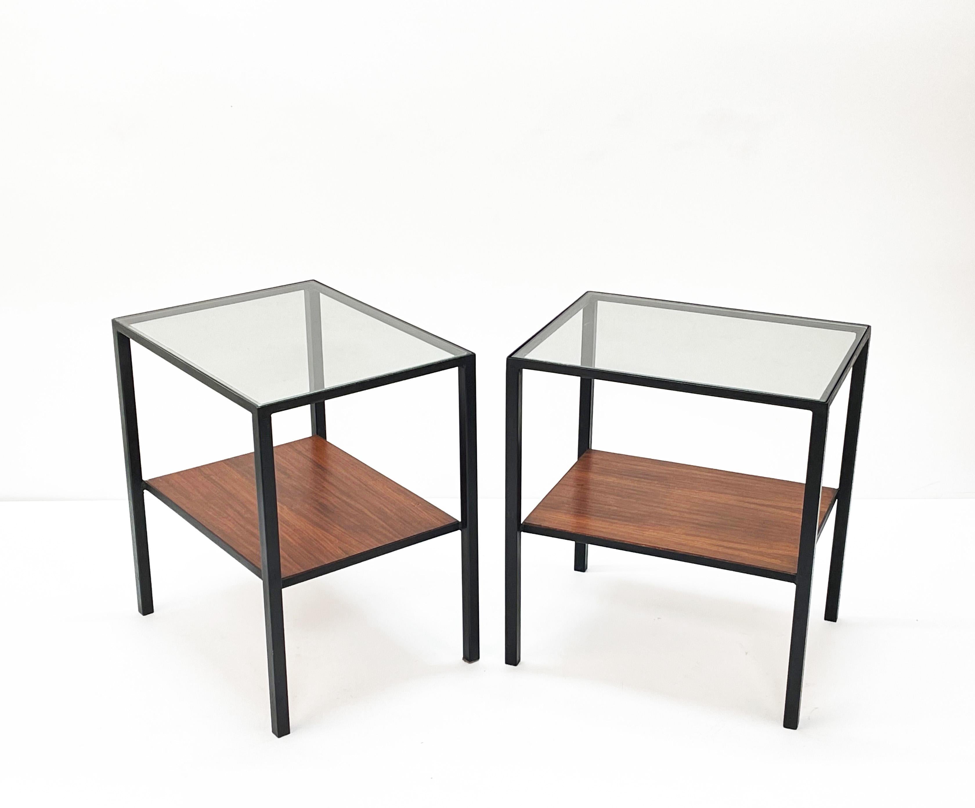 Pair of Iron, Glass and Wood Italian Coffee Table with Two Shelves, 1960s For Sale 7