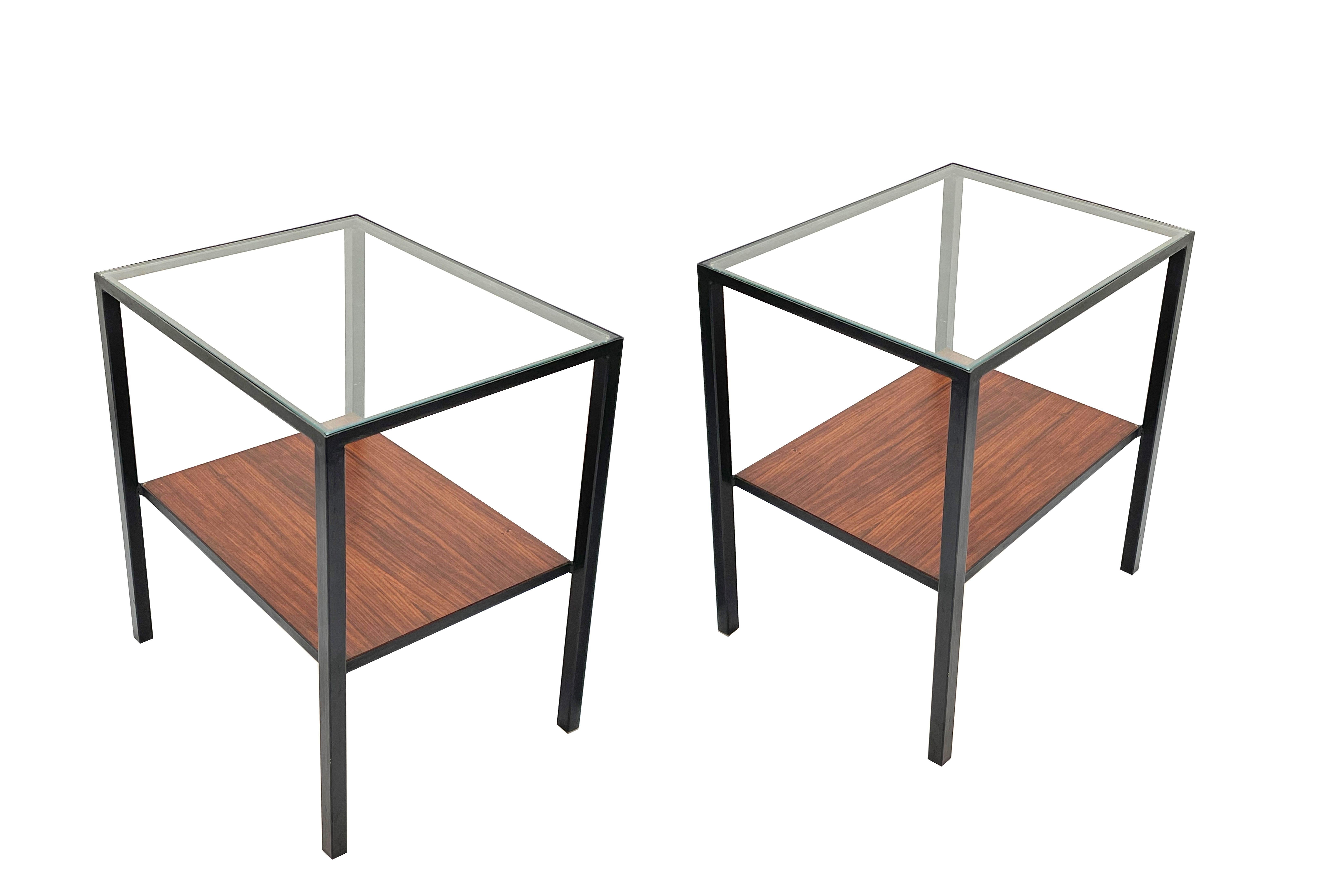 Pair of Iron, Glass and Wood Italian Coffee Table with Two Shelves, 1960s For Sale 9