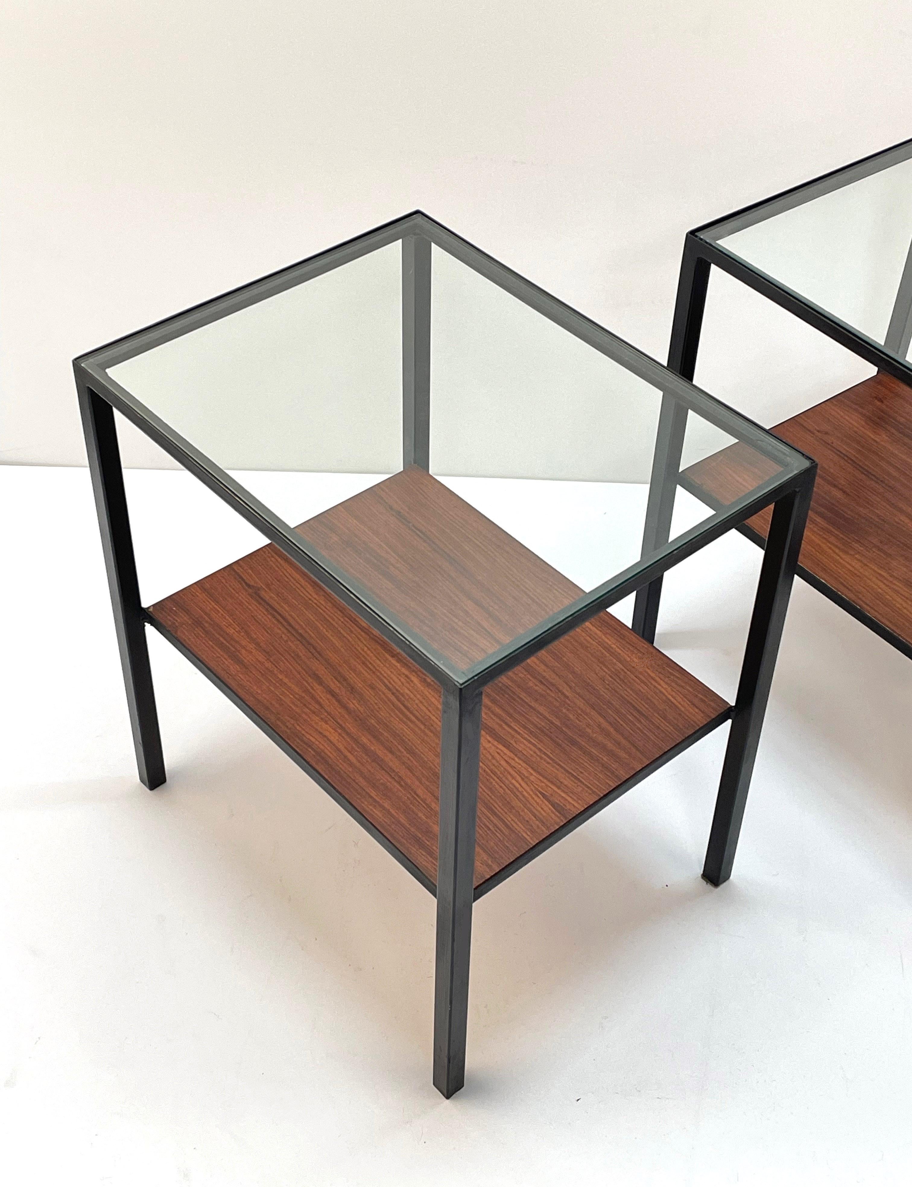 Pair of Iron, Glass and Wood Italian Coffee Table with Two Shelves, 1960s For Sale 10