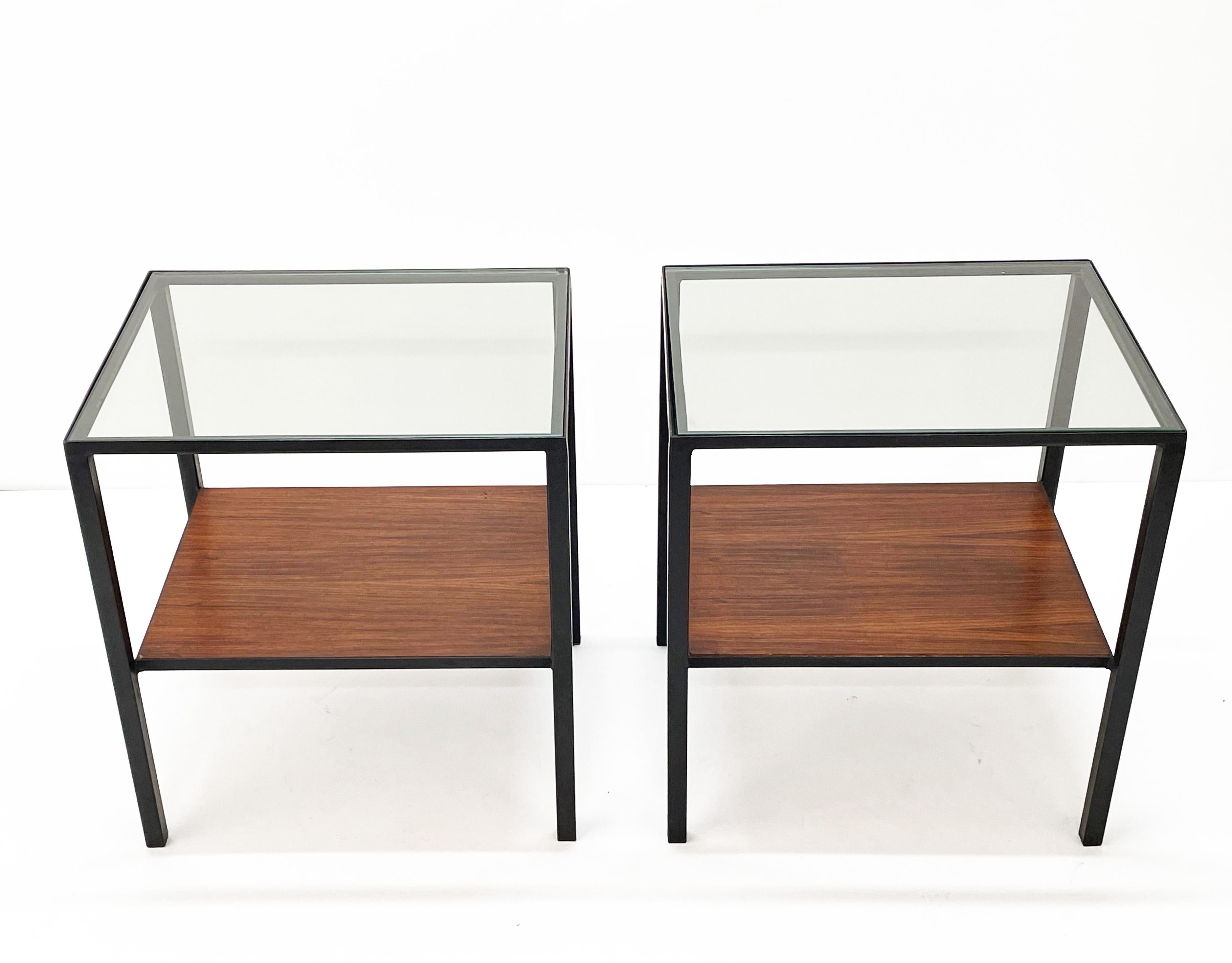 Mid-Century Modern Pair of Iron, Glass and Wood Italian Coffee Table with Two Shelves, 1960s For Sale