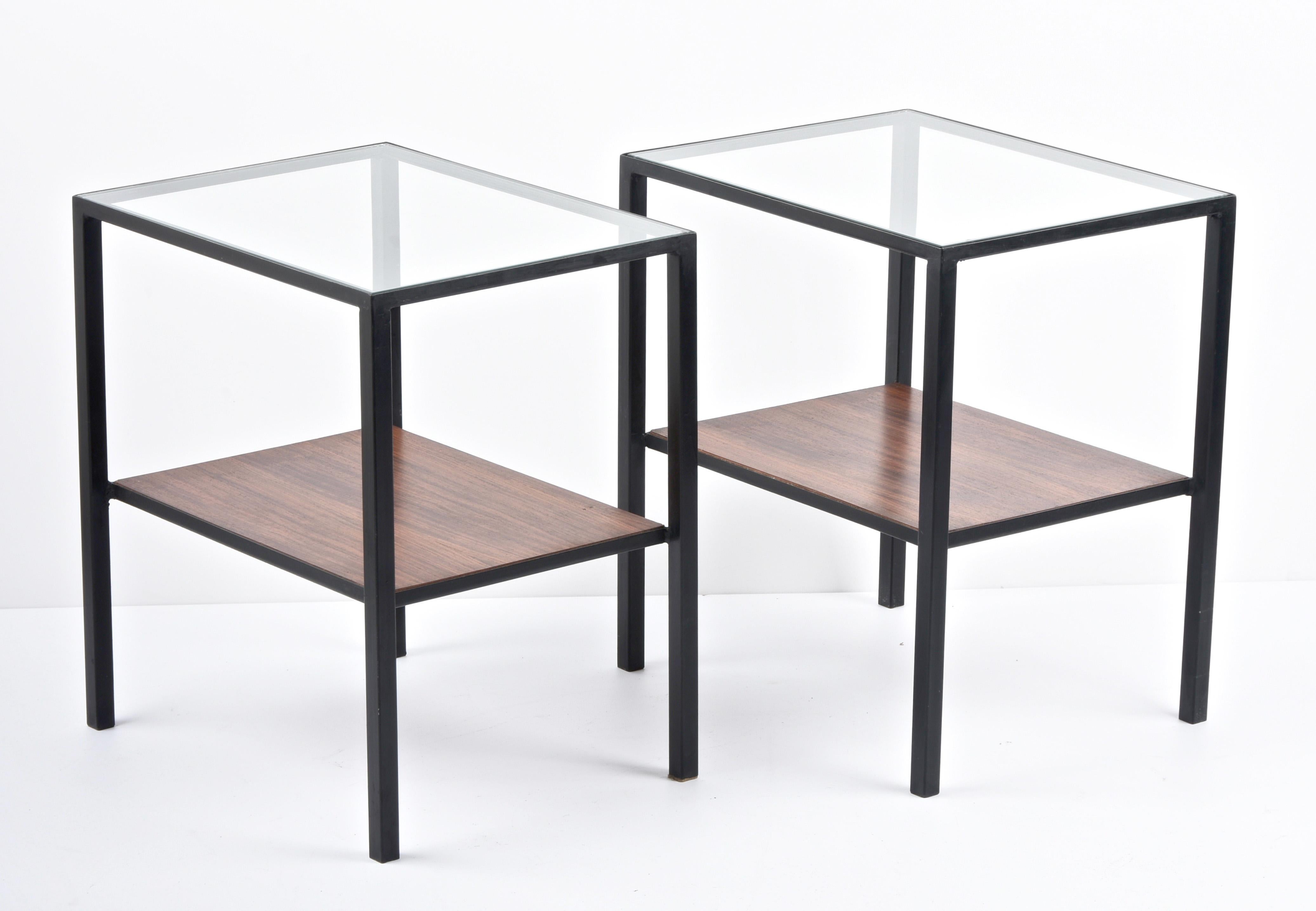 20th Century Pair of Iron, Glass and Wood Italian Coffee Table with Two Shelves, 1960s For Sale