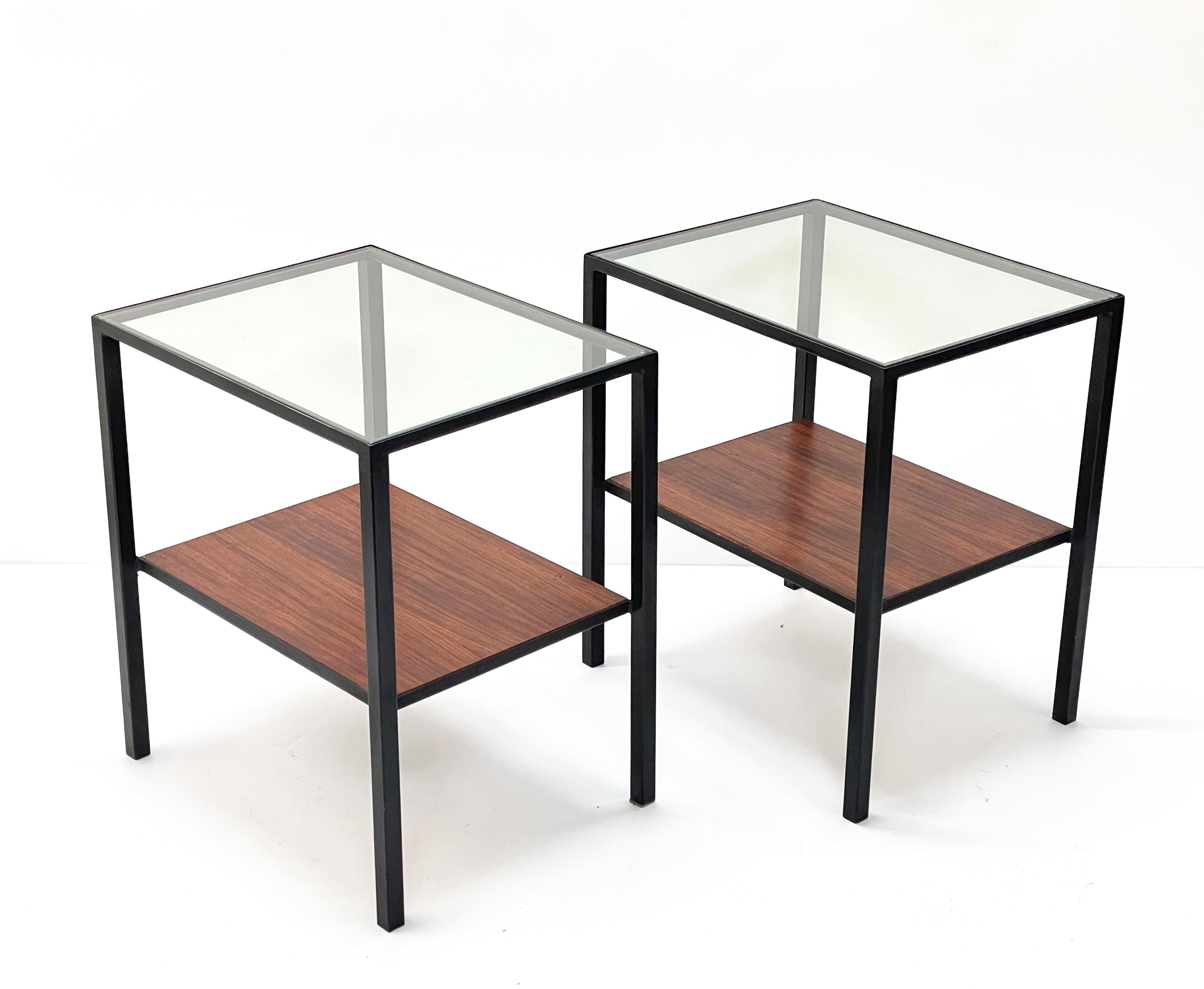 Pair of Iron, Glass and Wood Italian Coffee Table with Two Shelves, 1960s For Sale 4
