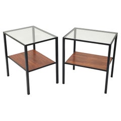 Paire de tables basses italiennes en fer, verre et bois avec deux étagères, années 1960