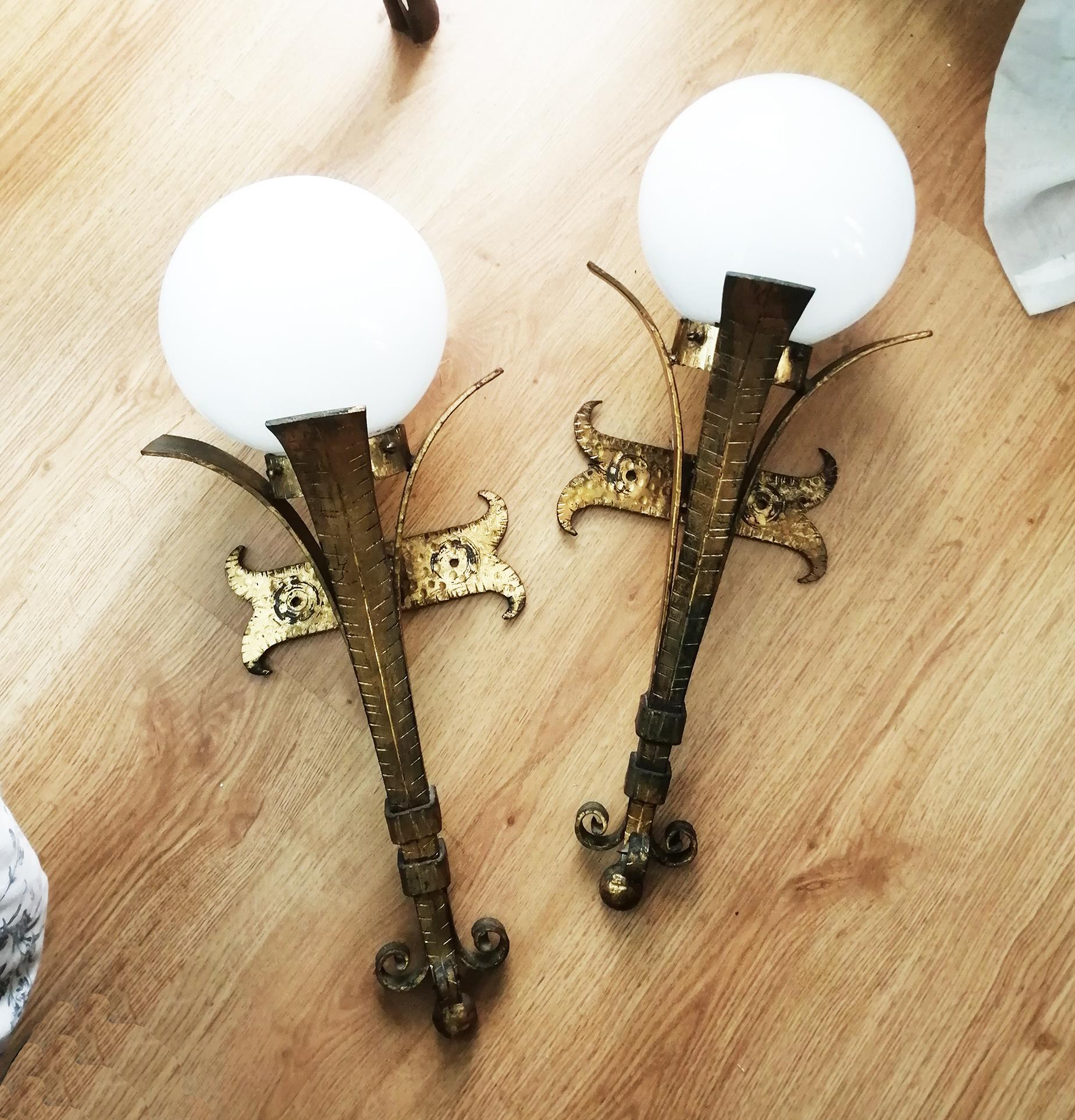 Medieval Wall Sconces Torch Form Wrought Iron & Gold Leaf With Glove Opaline Glass, Pair