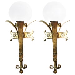 Wall Sconces Torch Form Wrought Iron & Gold Leaf With Glove Opaline Glass, Pair