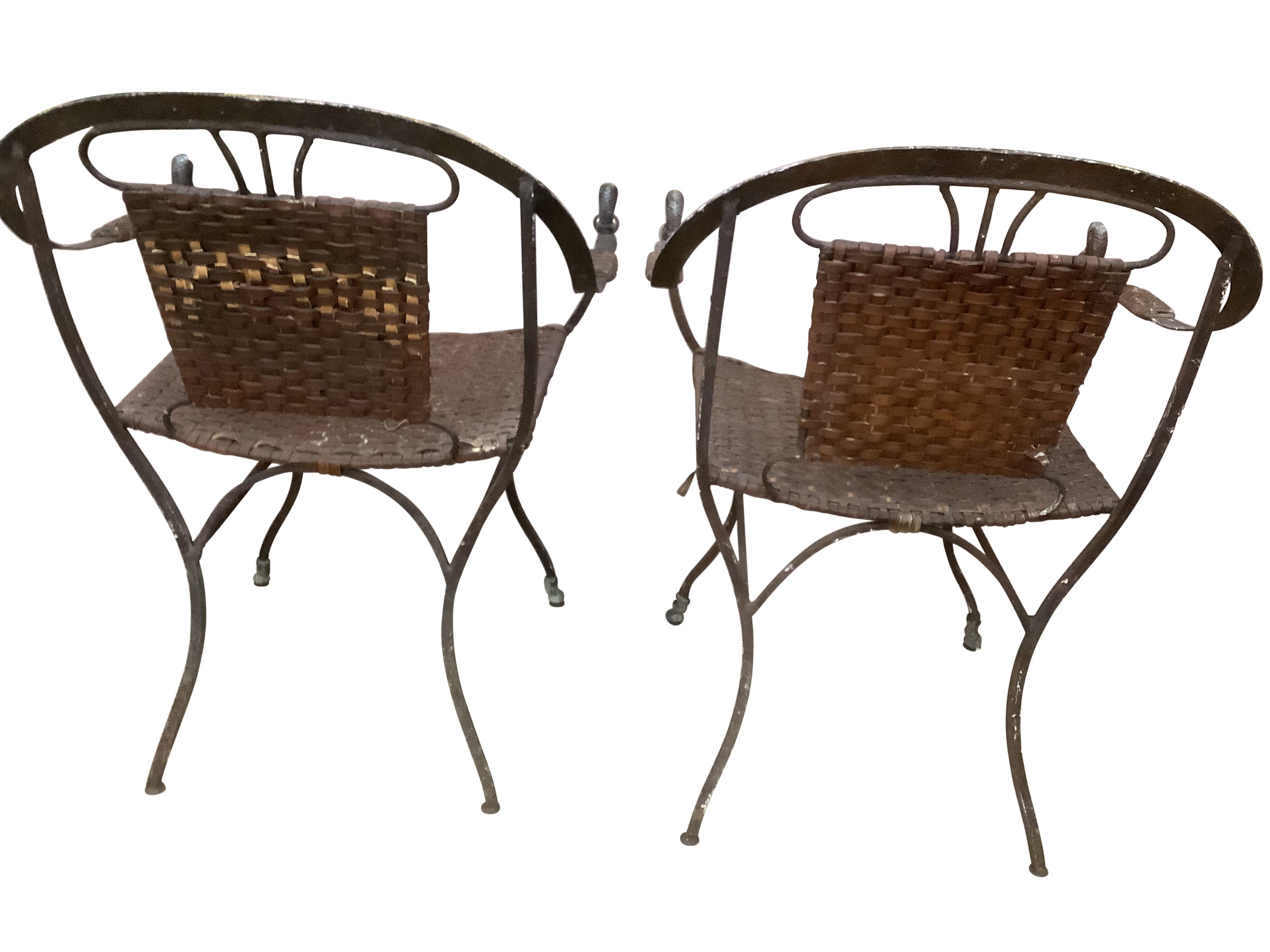 Arts and Crafts Pair of Iron Horseshoe Back and Leather Chairs For Sale