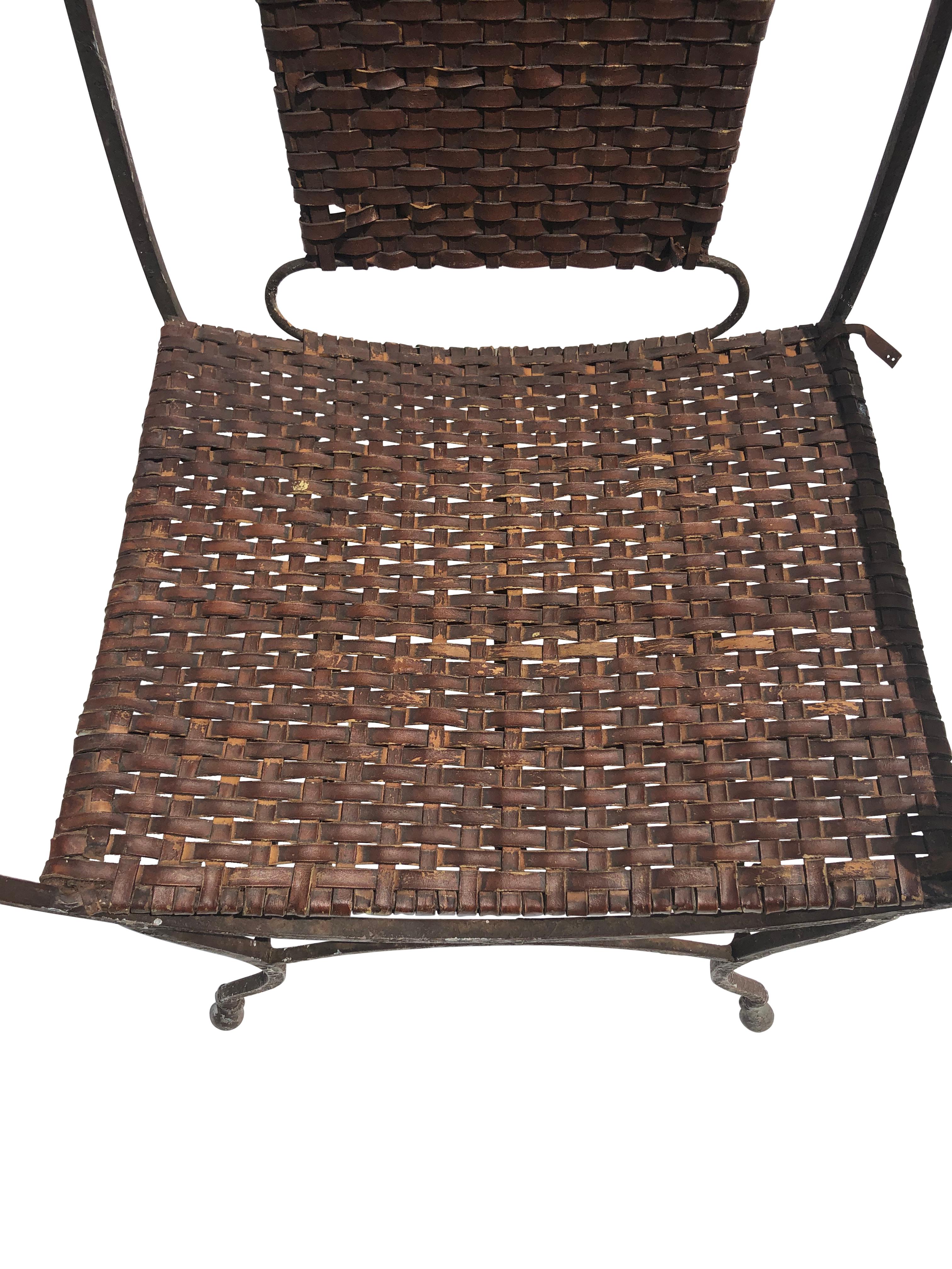 20th Century Pair of Iron Horseshoe Back and Leather Chairs For Sale