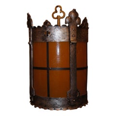 Pair of Iron Lanterns with Amber Leaded Glass, Sold Individually