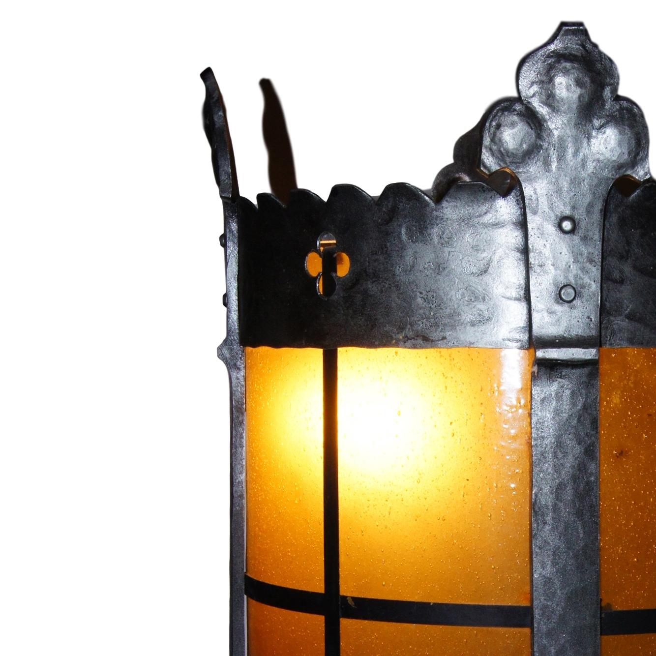 American Pair of Iron Lanterns with Amber Leaded Glass, Sold Individually For Sale