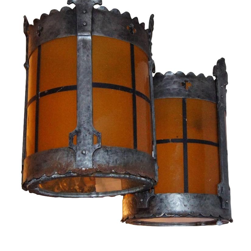 Hammered Pair of Iron Lanterns with Amber Leaded Glass, Sold Individually For Sale