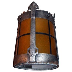 Pair of Iron Lanterns with Amber Leaded Glass, Sold Individually