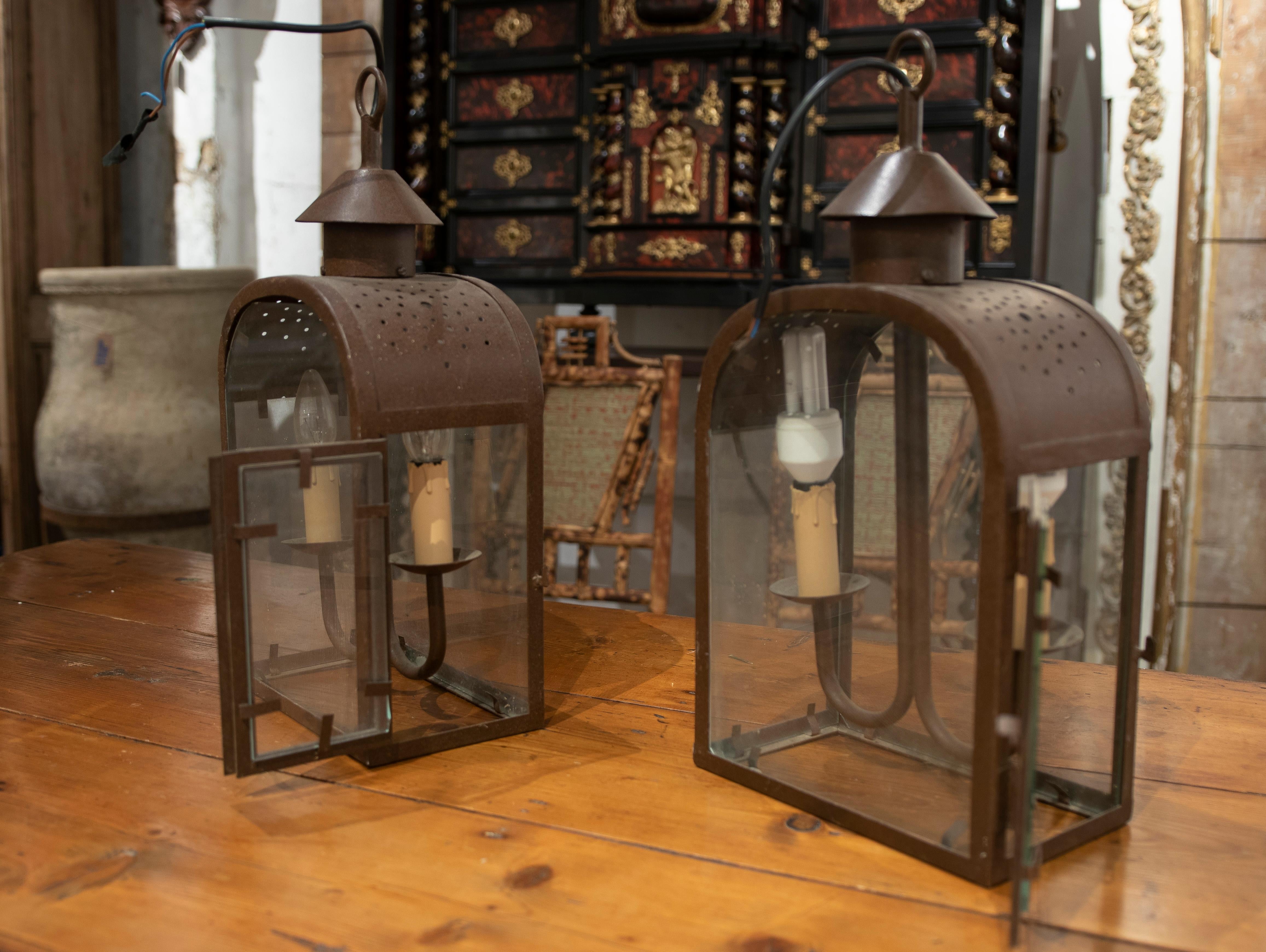Pair of Iron Lanterns with Rust Brown Finish Crystals For Sale 1