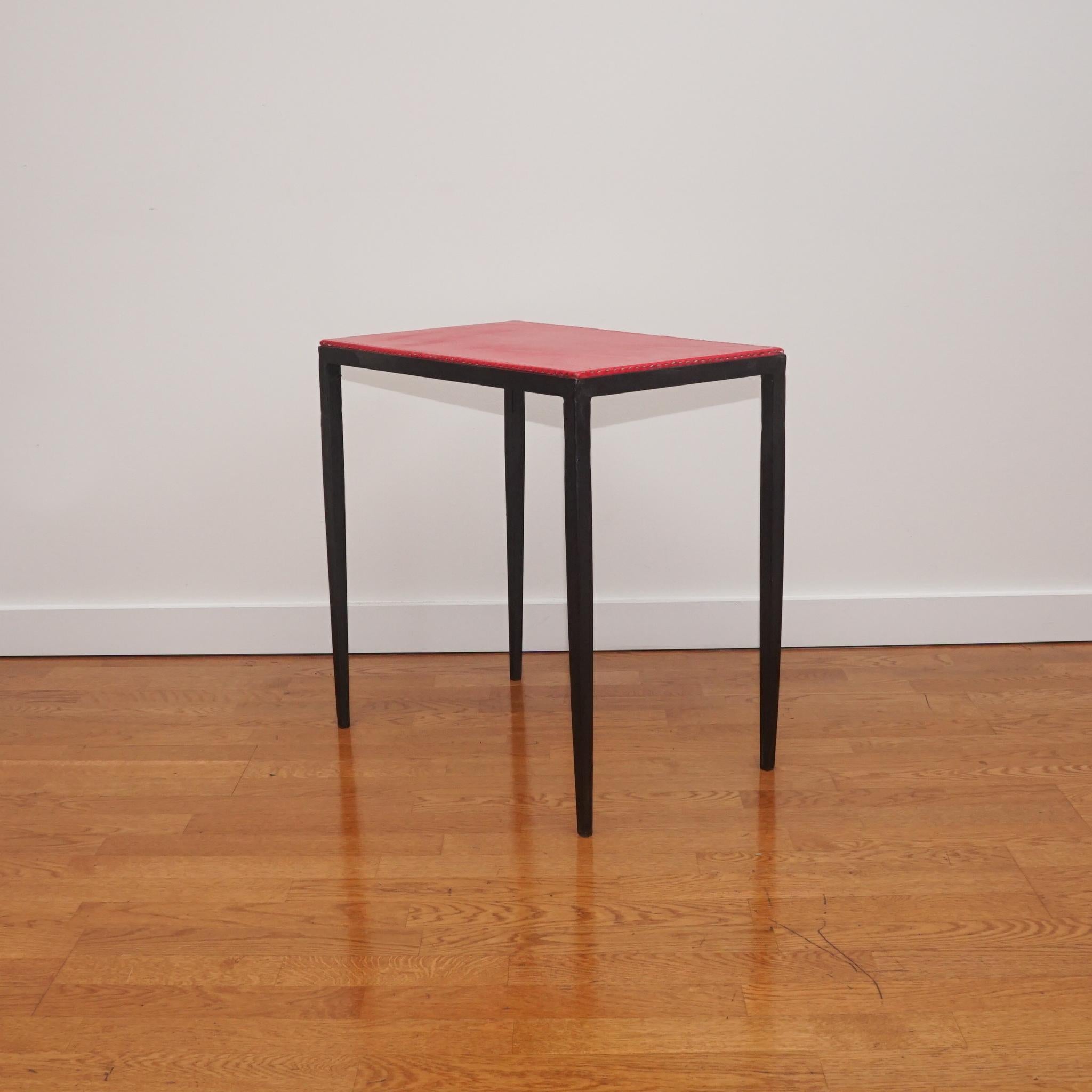 Mid-Century Modern Pair of Iron Leather Side Tables in the Style of Jean-Michel Frank