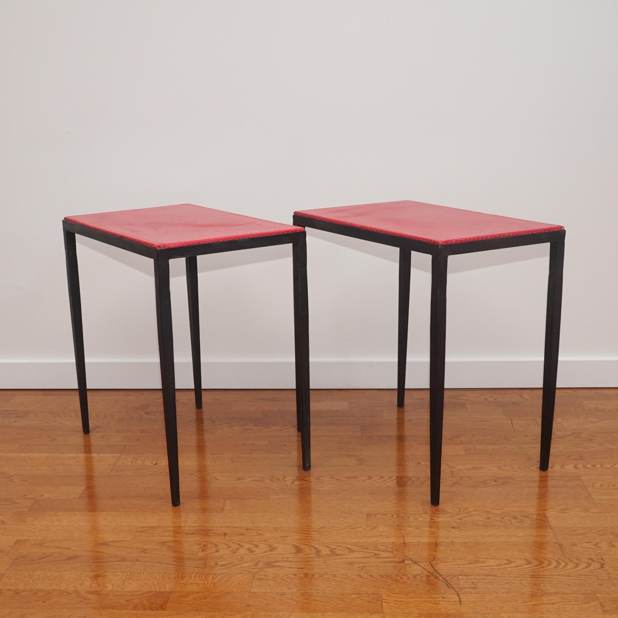 Pair of Iron Leather Side Tables in the Style of Jean-Michel Frank In Good Condition In Hudson, NY