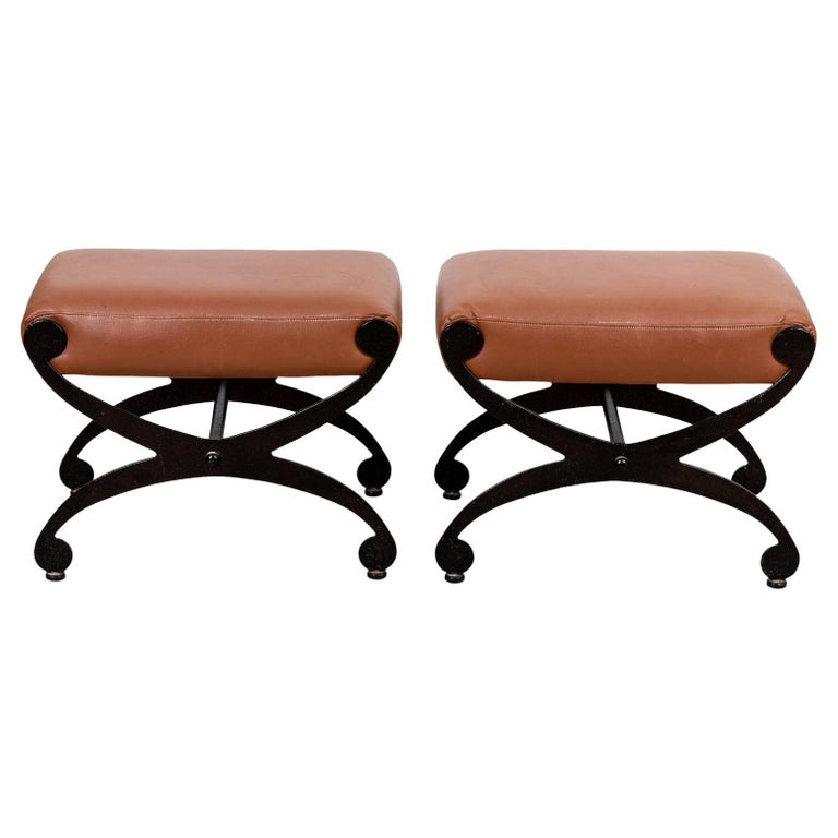 Pair of Iron Leather XBase Stools For Sale at 1stDibs