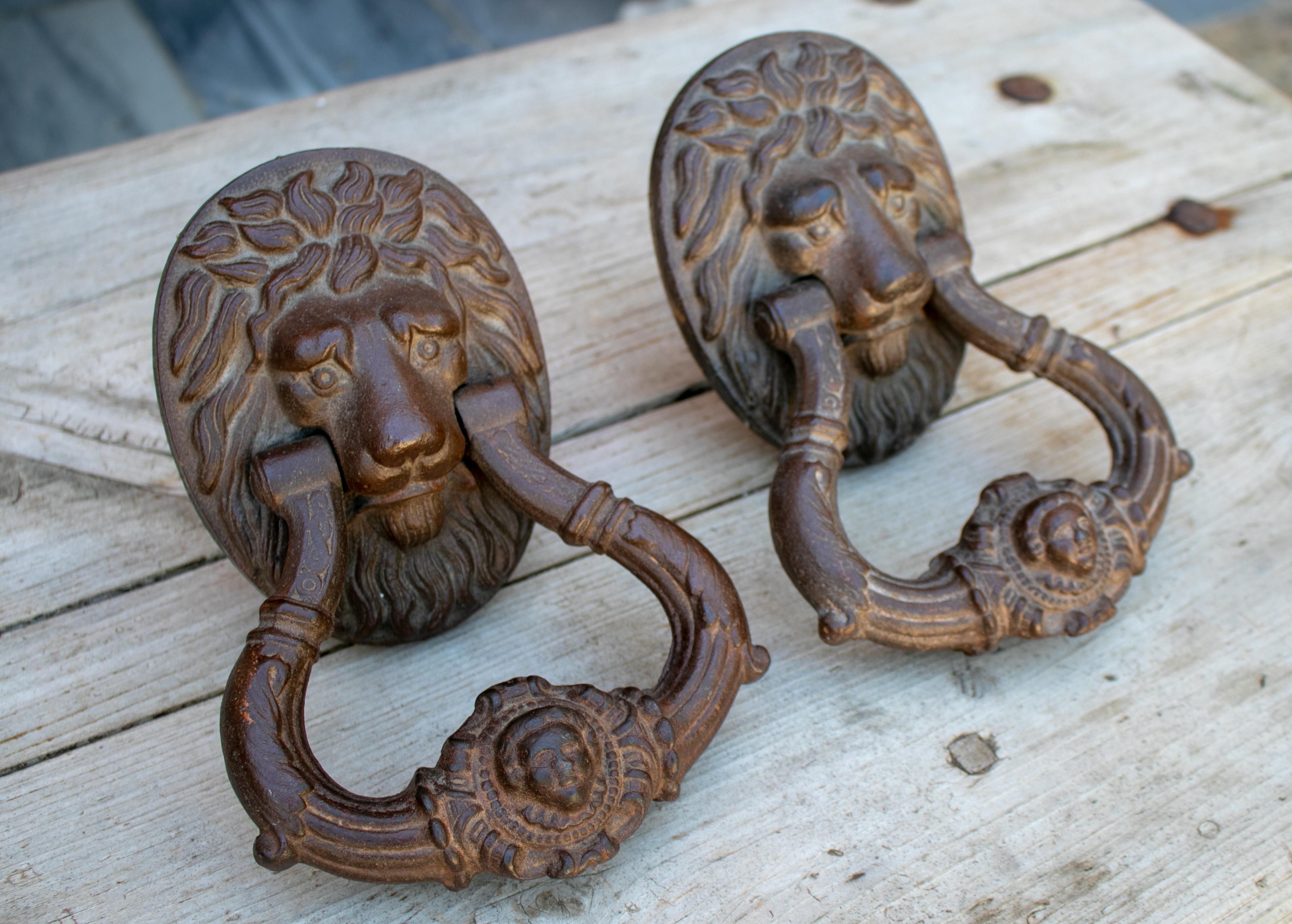 French Pair of Iron Lion Heads Door Knokers from 19th Century