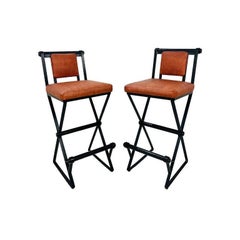 Pair of Iron & Ostrich Leather Barstools in the Style of Cleo Baldon