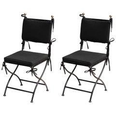 Pair of Iron Outdoor Chairs with Brass Details and Black Sunbrella Cushions