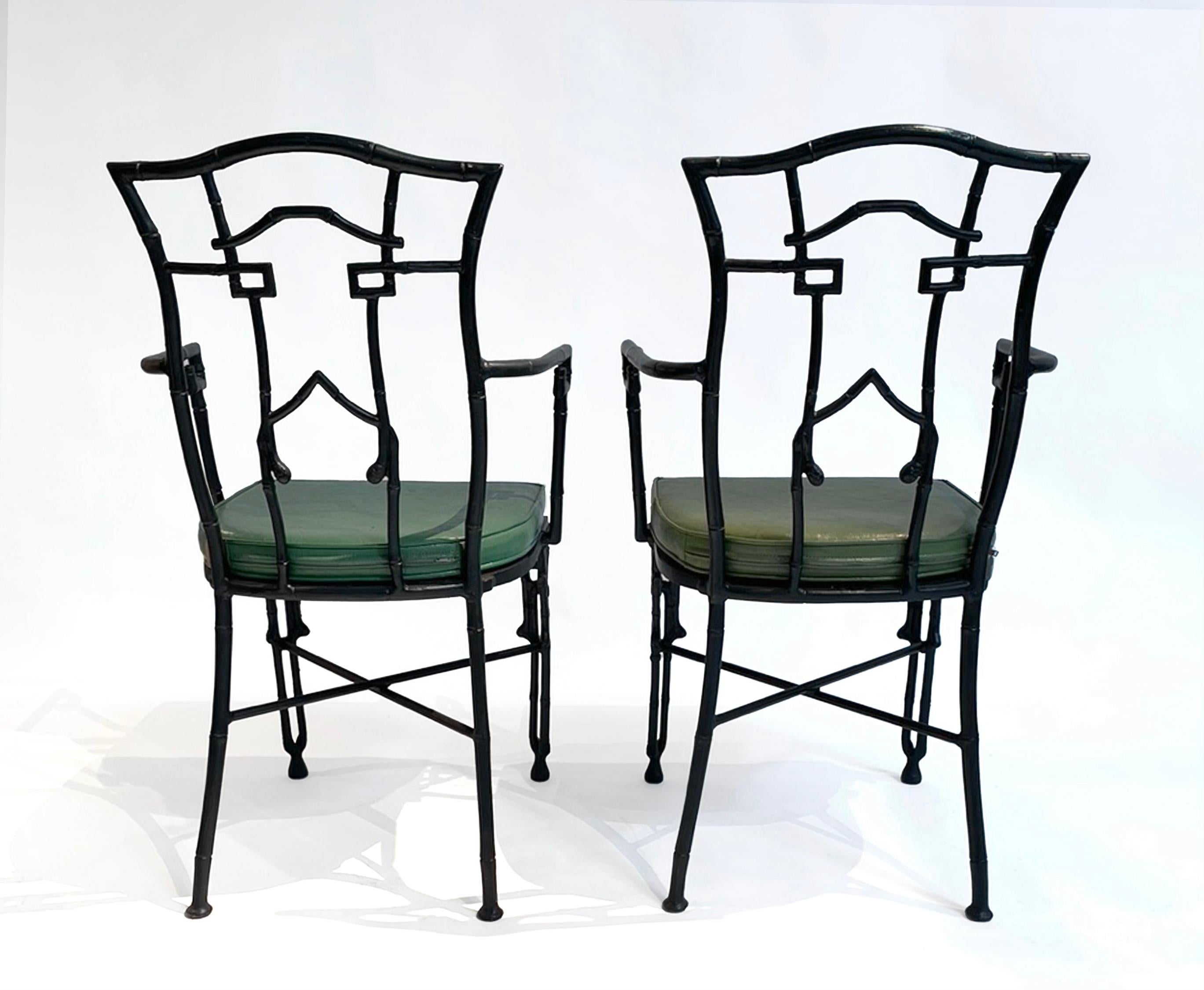 Pair of decorate wrought iron patio chairs. Green / blue cushions are removable. Cushion colors slightly differ. Heavy and sturdy. Ready for use.