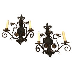 Pair of Iron Paul Ferrante French Sconces, Double Arm Bronze and Gold Finish