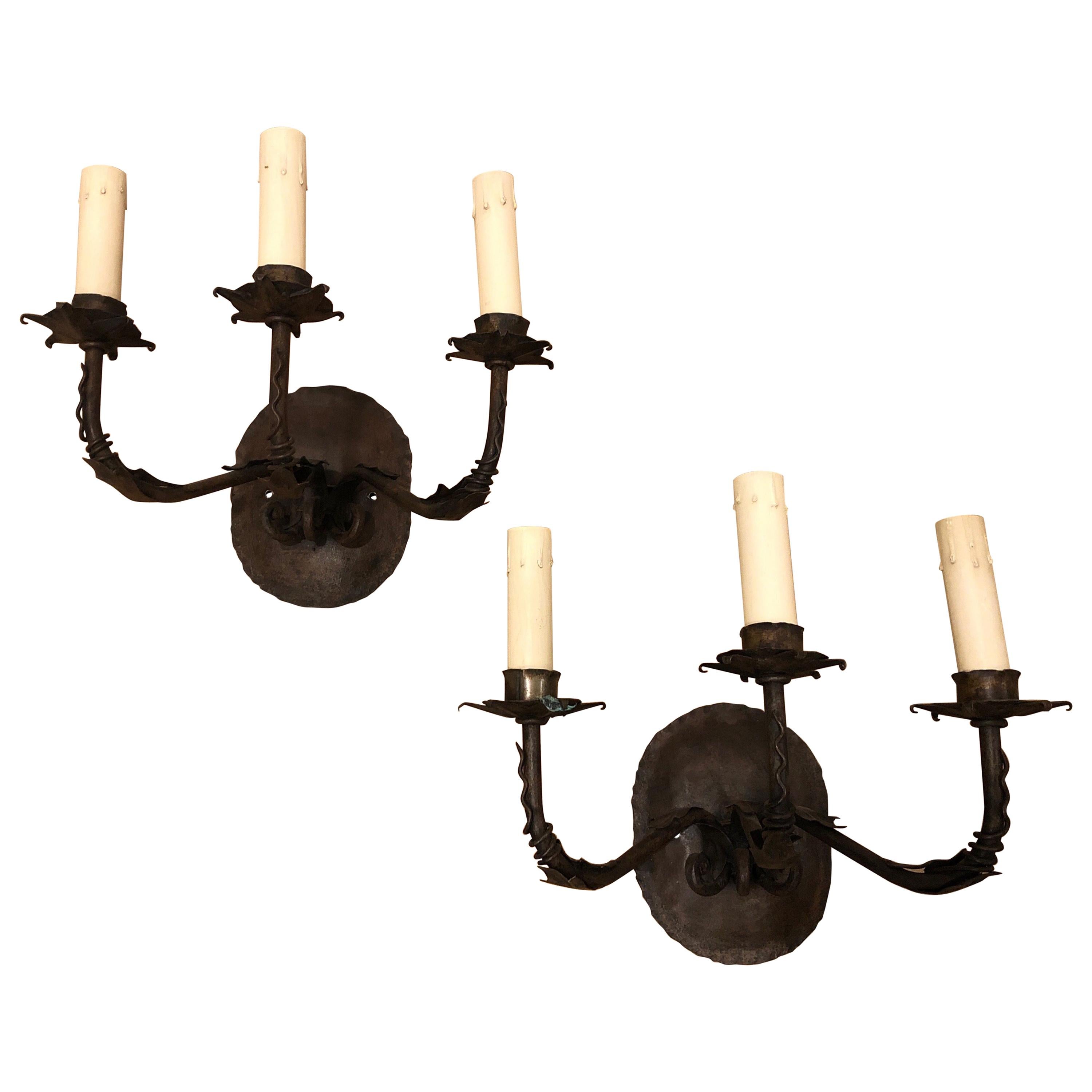 Pair of Iron Paul Ferrante Spanish Wall Sconces, Triple Arm