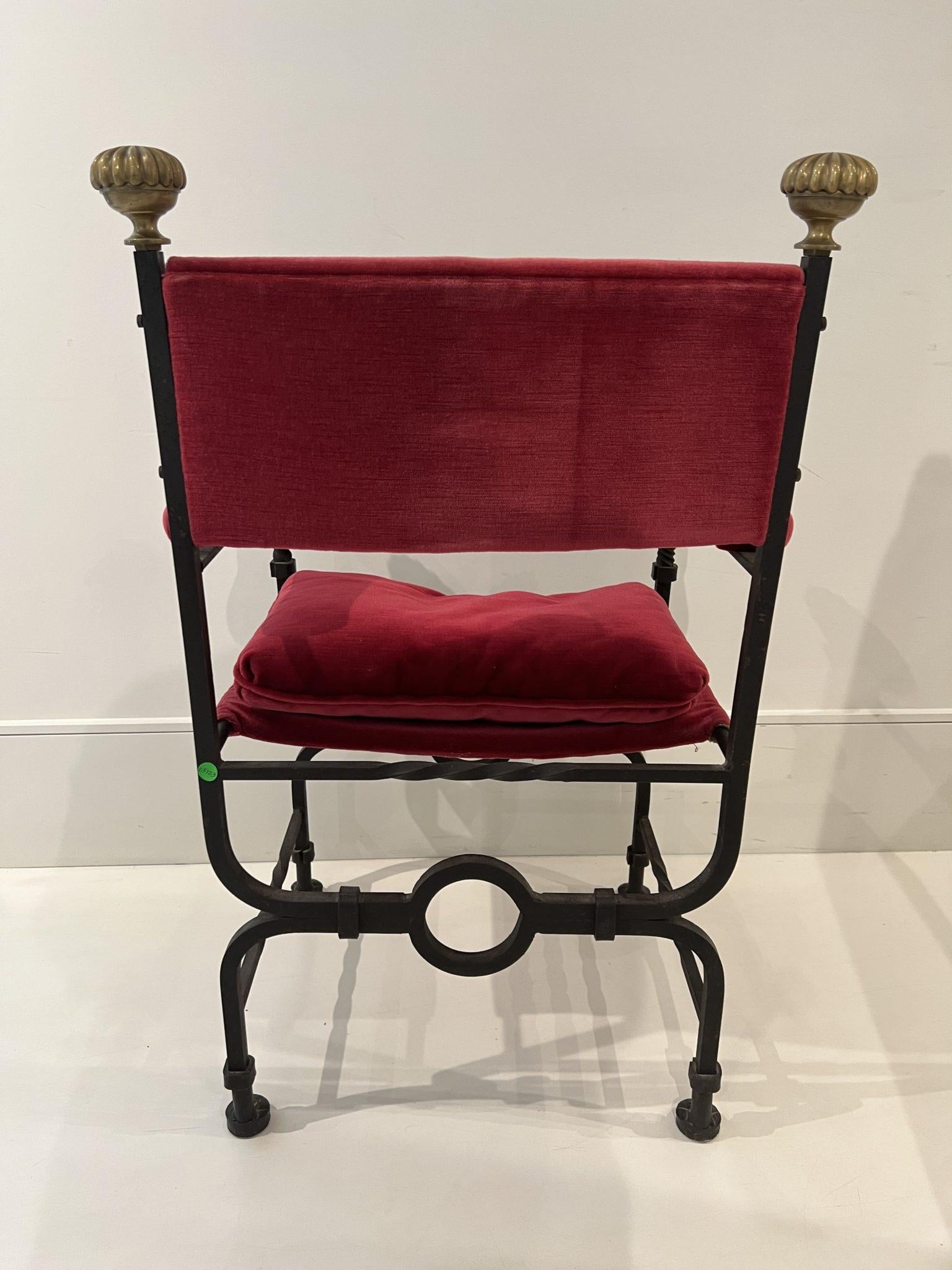 19th Century Pair of Iron Savonarola Arm Chairs with Velvet Upholstery