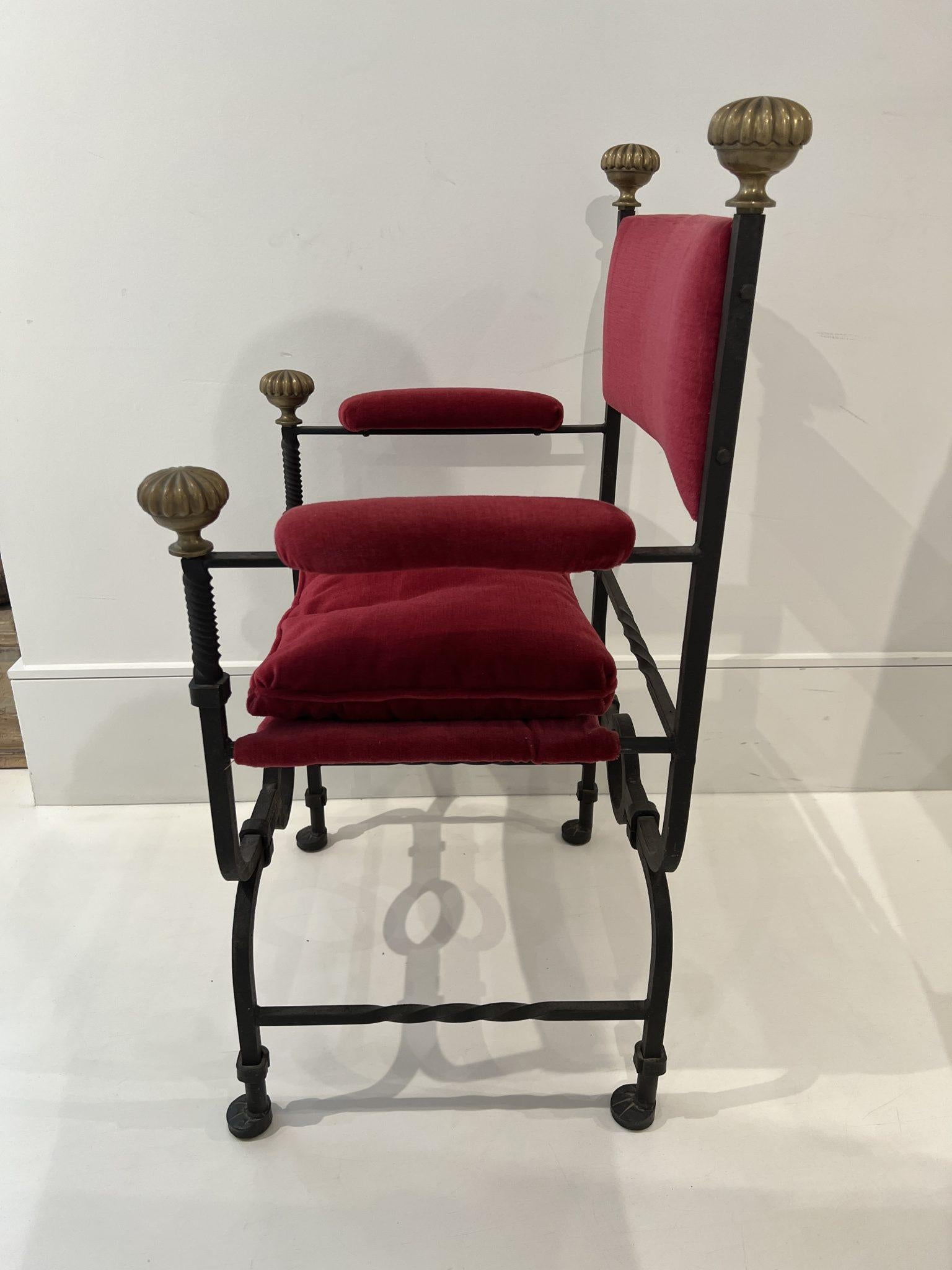Brass Pair of Iron Savonarola Arm Chairs with Velvet Upholstery