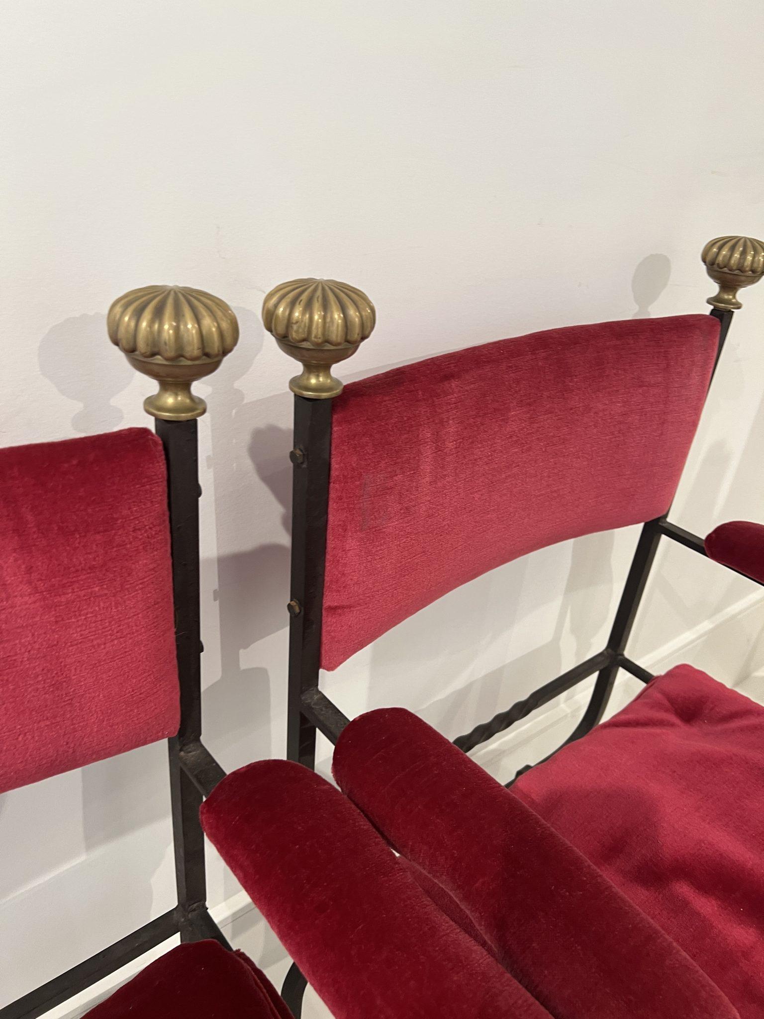 Pair of Iron Savonarola Arm Chairs with Velvet Upholstery 1