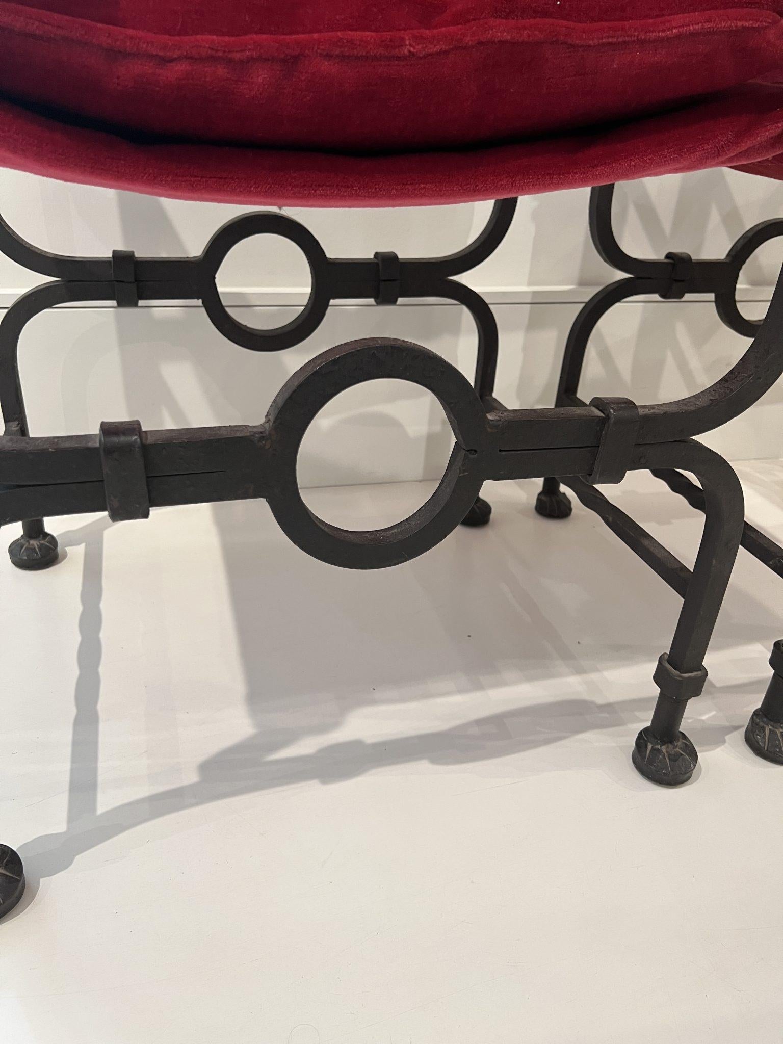 Pair of Iron Savonarola Arm Chairs with Velvet Upholstery 3
