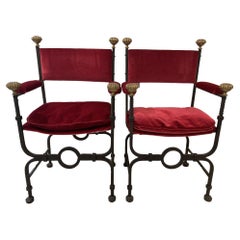 Pair of Iron Savonarola Arm Chairs with Velvet Upholstery
