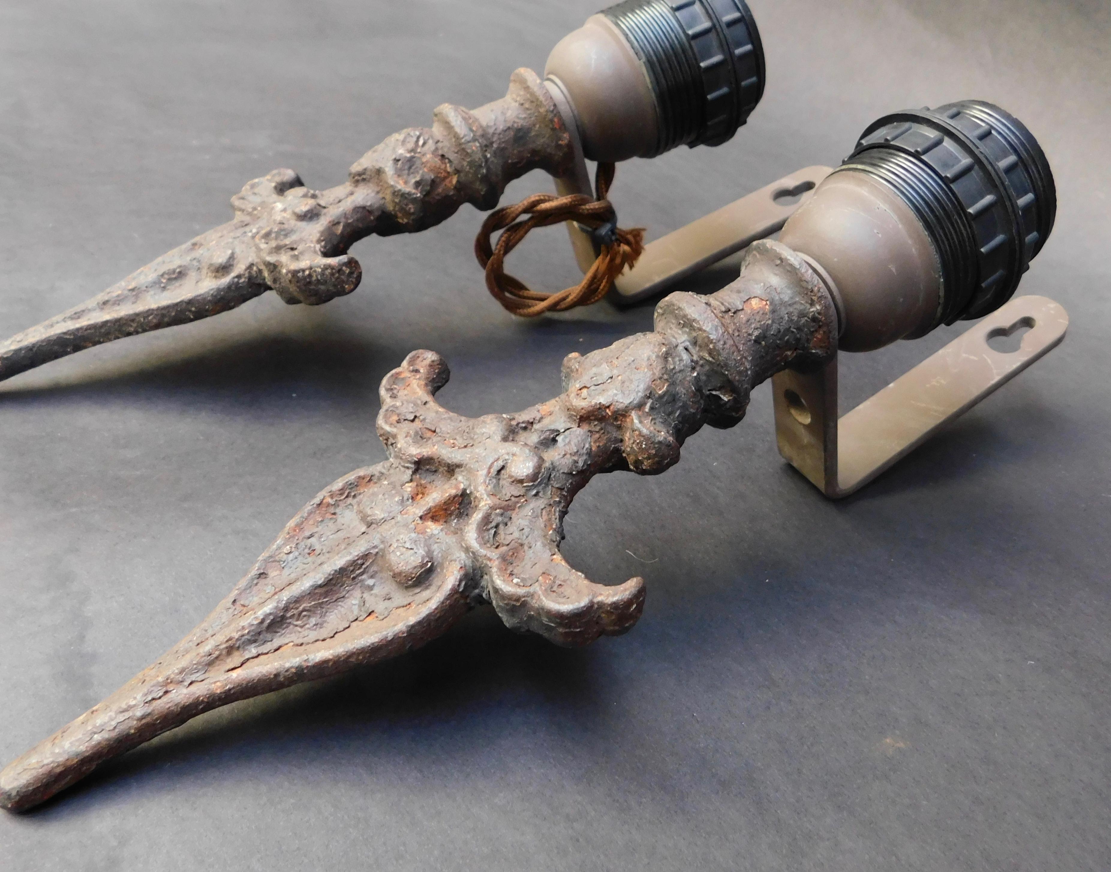 French Pair of Iron Sconces Made from 19th Century Architectural Fragments
