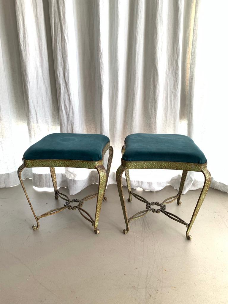 Embossed Pair of Iron Stools For Sale