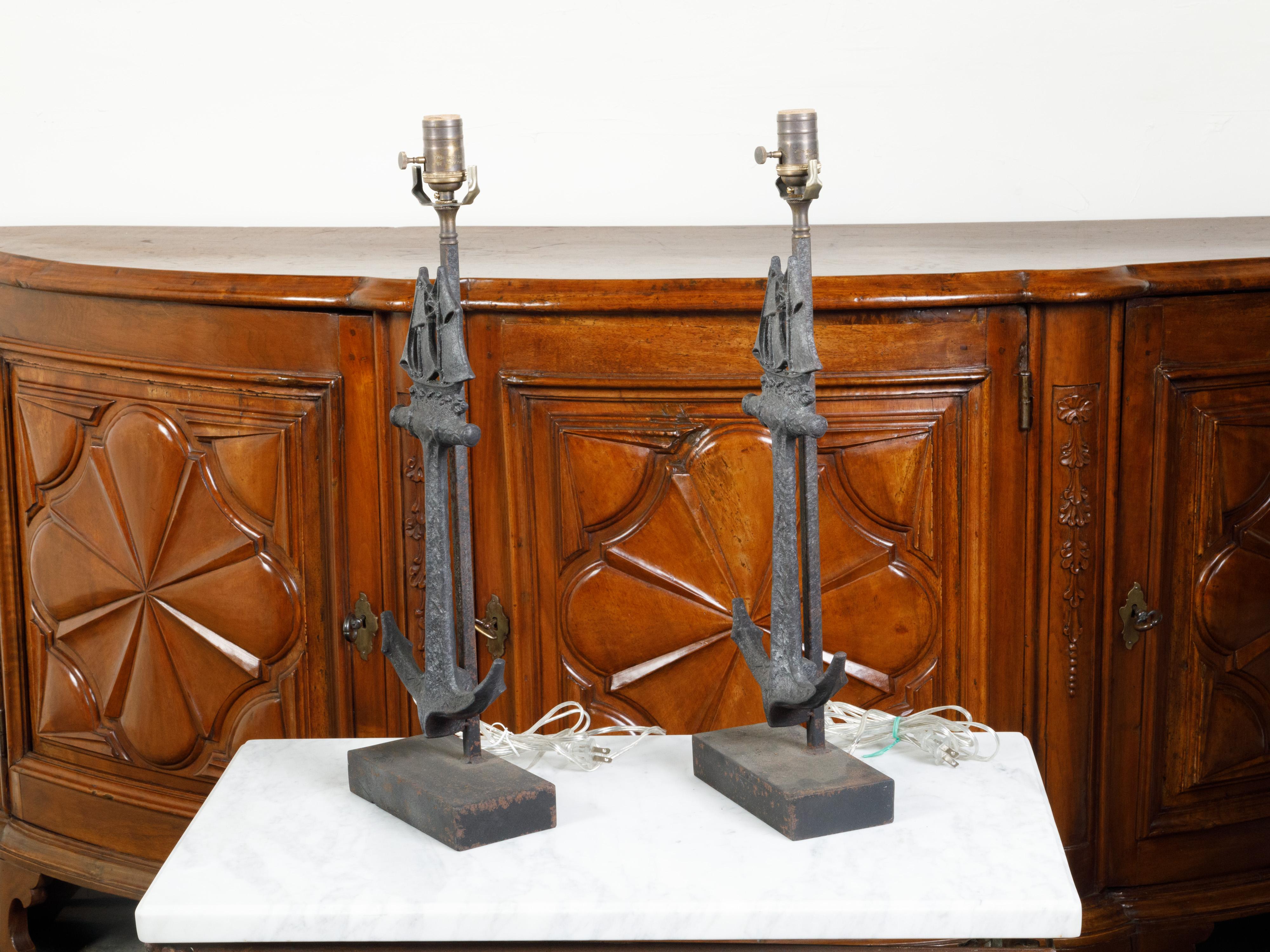 Pair of Iron Table Lamps with Anchors and Sailboats on Rectangular Bases For Sale 1